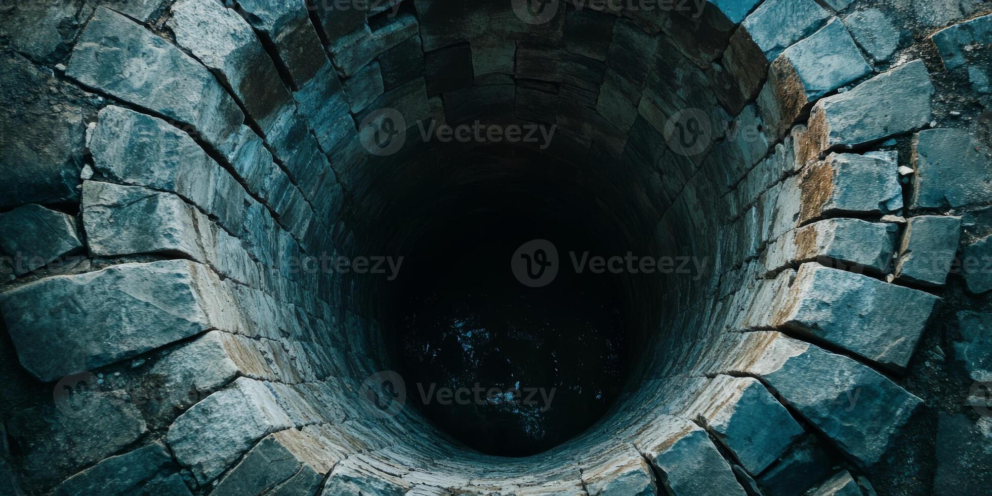 A mesmerizing and enchanting view into a deep stone well, evoking an overwhelming sense of mystery and depth photo