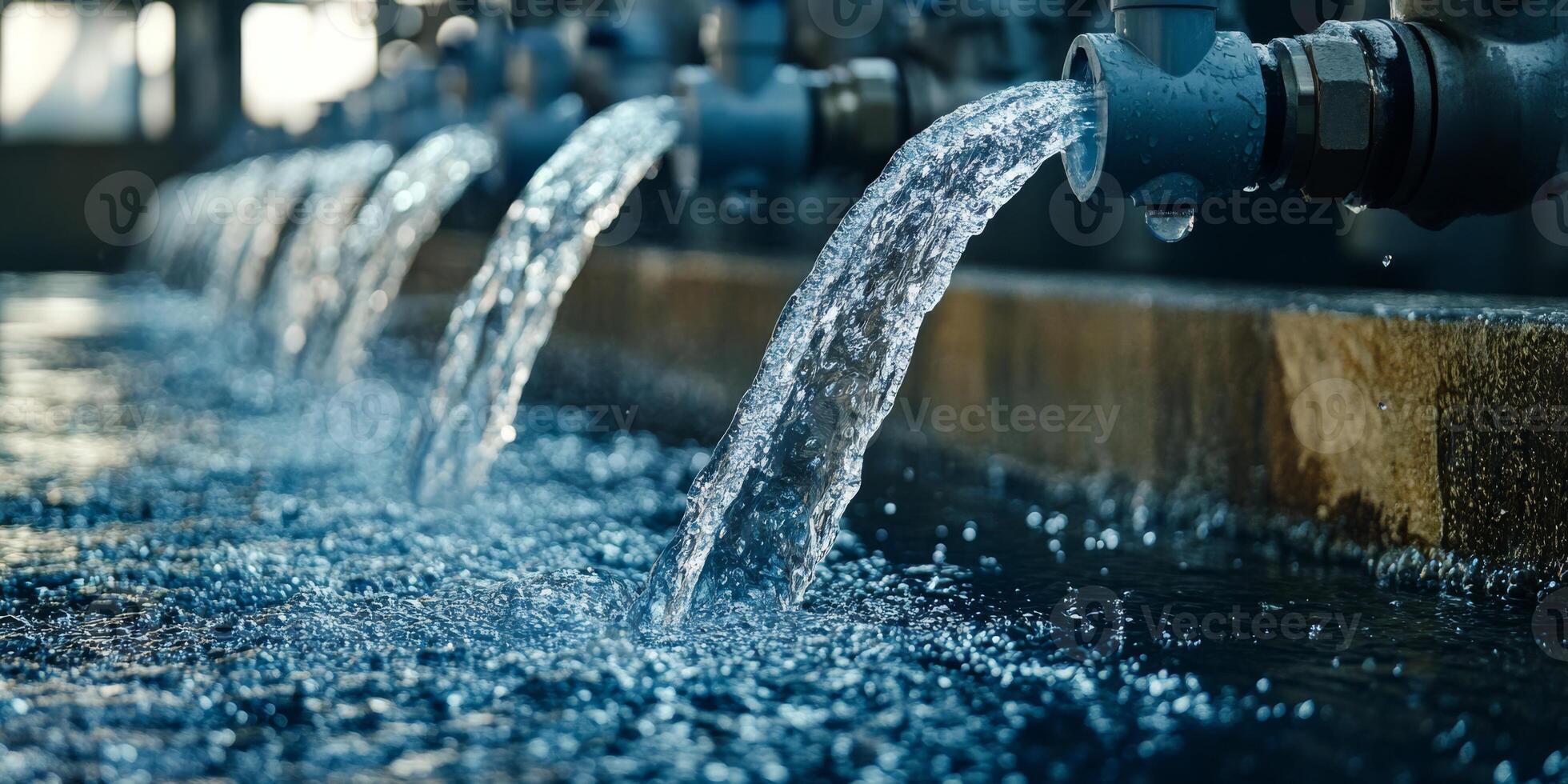 Water flows gracefully from pipes into a large reservoir, highlighting both industrial efficiency and pristine purity photo