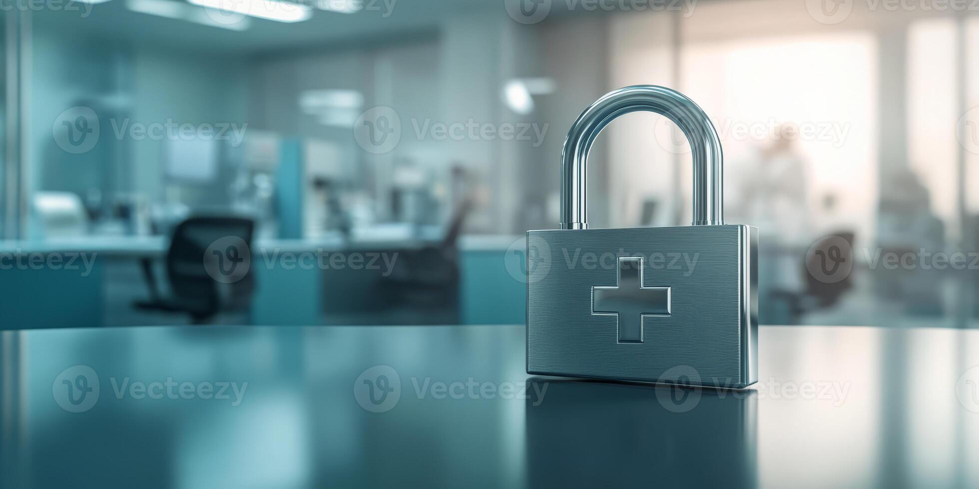 A padlock symbolizes the critical need for strong data security in healthcare, highlighting the urgency to protect sensitive patient information while maintaining privacy and trust photo