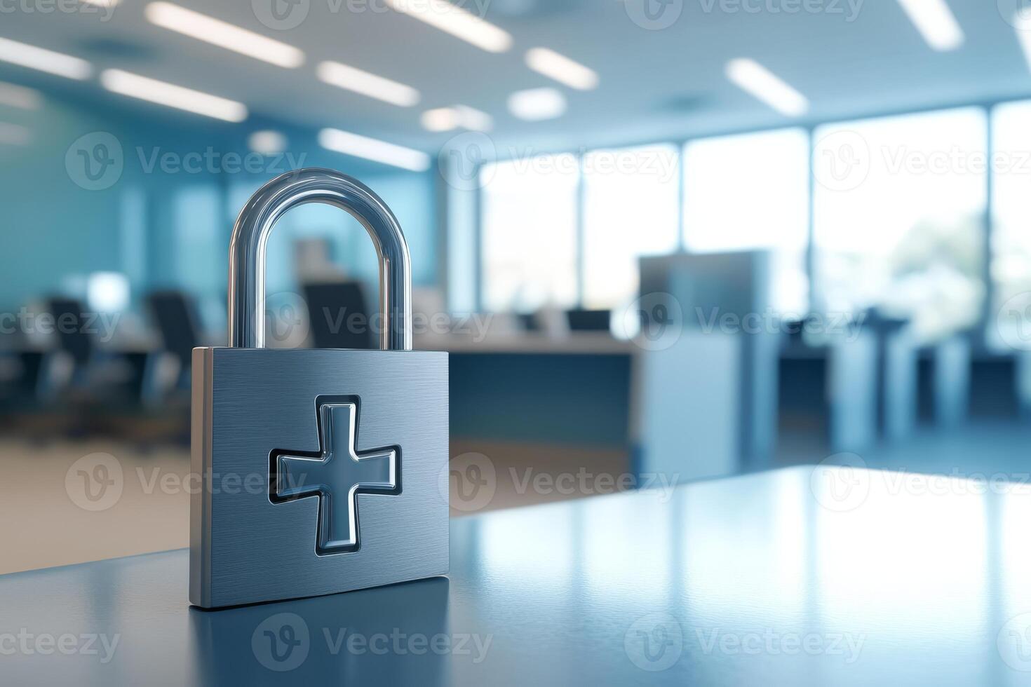 This image symbolizes healthcare data security, featuring a padlock in a hospital, emphasizing the importance of protecting sensitive patient data and maintaining privacy diligently photo