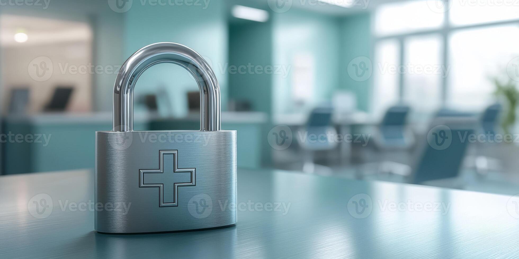 A padlock symbolizes the vital importance of strong healthcare data security in hospitals, emphasizing the need for confidentiality and trust among patients and staff to protect sensitive information photo