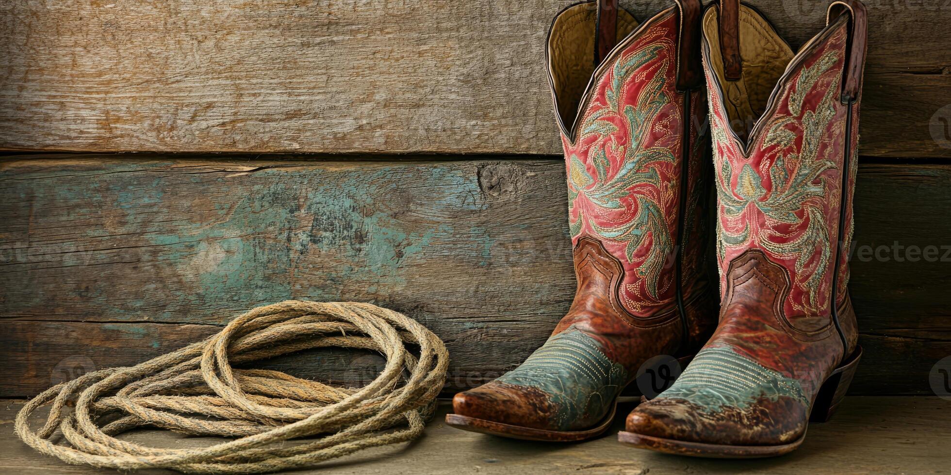 A stunning pair of exquisitely designed cowboy boots sits alongside a wellworn coil of rope, all resting on rustic wooden planks that evoke a timeless and classic Western aesthetic with charm photo