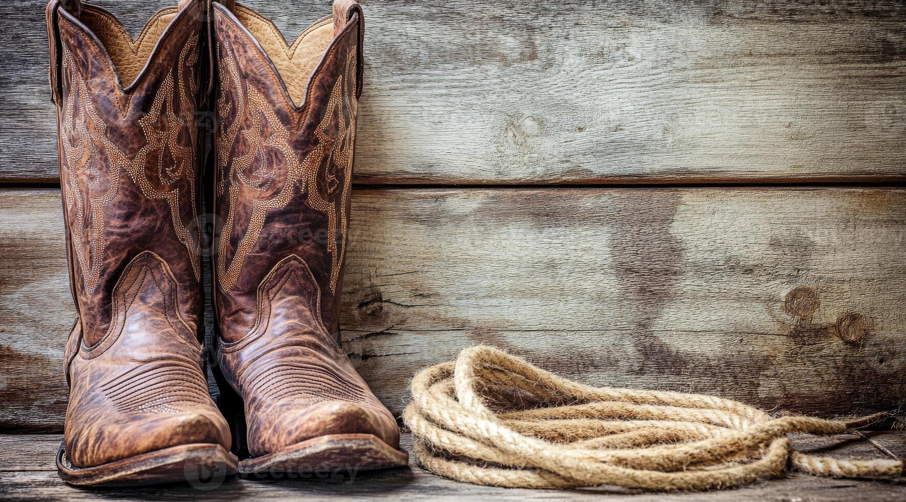 A wellworn pair of cowboy boots resting beside a coiled rope, all elegantly set against a beautiful rustic wooden backdrop, truly evoking a classic Western vibe and spirit of adventure photo