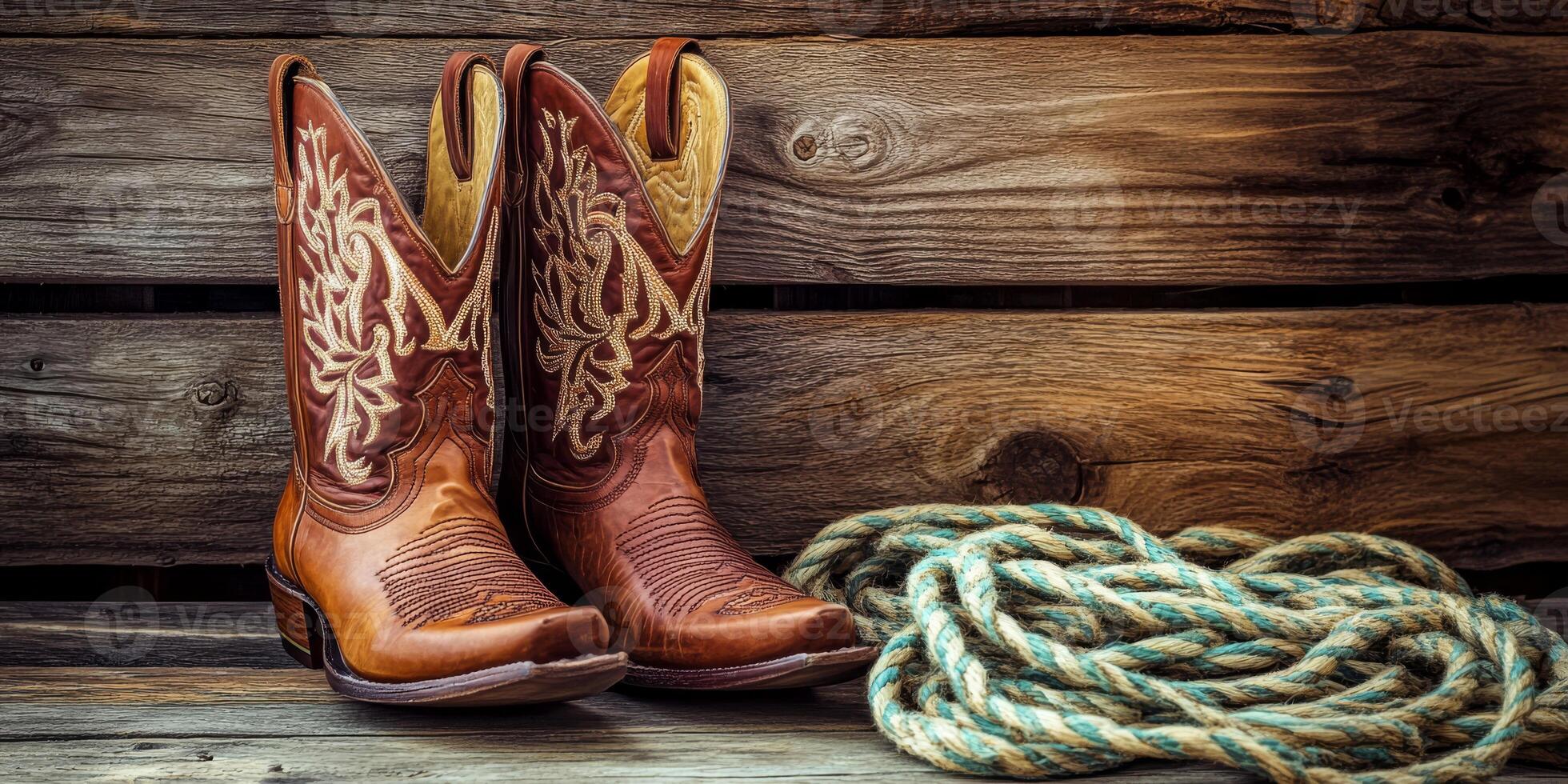Classic cowboy boots are artistically displayed next to a coiled rope, all set against a rustic wooden backdrop, which beautifully evokes the essence of a traditional Western theme photo