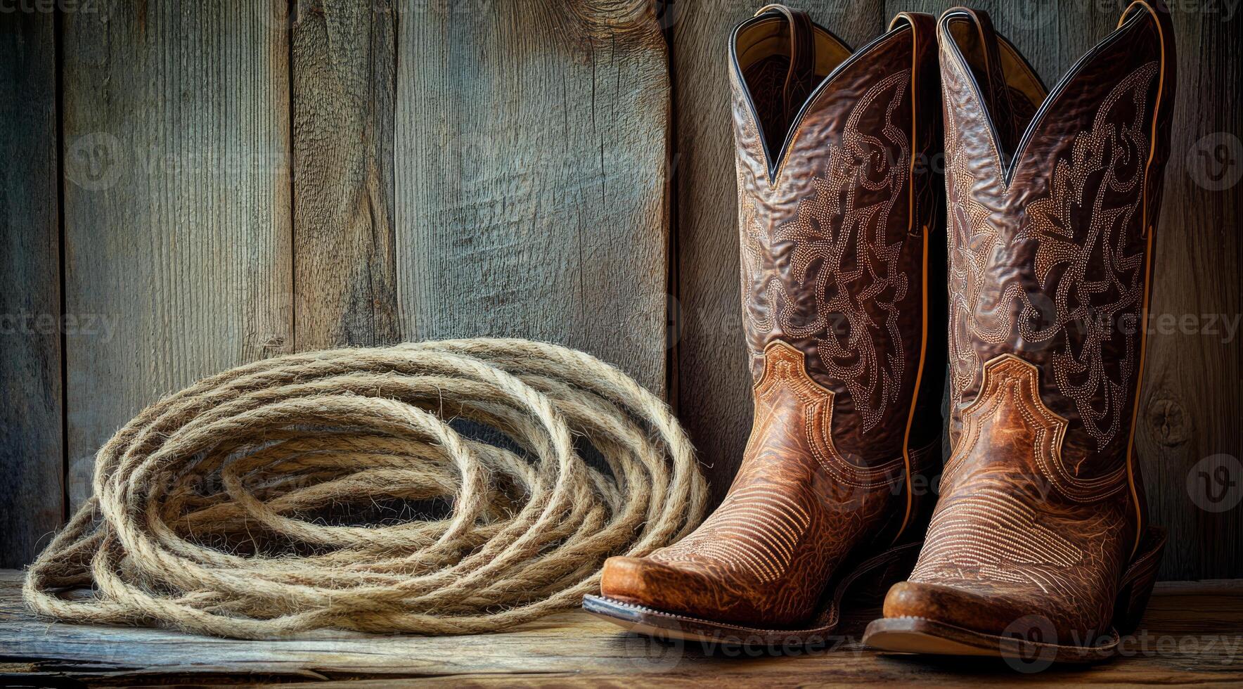 A striking pair of brown cowboy boots placed beside a neatly coiled lasso, perfectly capturing the true essence of Western style and culture against a rustic wooden backdrop that enhances the scene photo