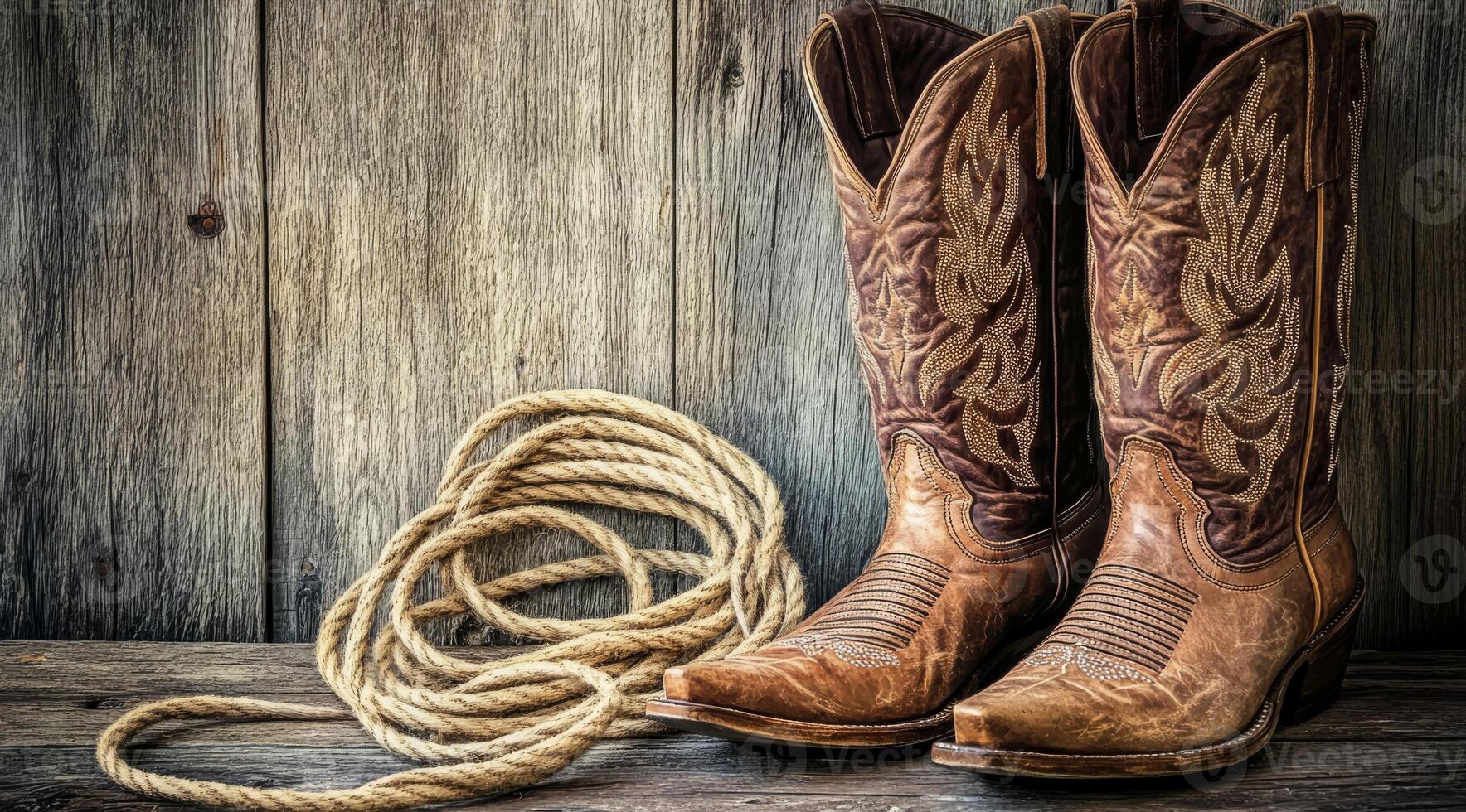 A genuine pair of authentic cowboy boots is stylishly positioned next to a coiled rope, set against a beautifully weathered wooden backdrop, evoking the true essence of Western fashion and lifestyle photo