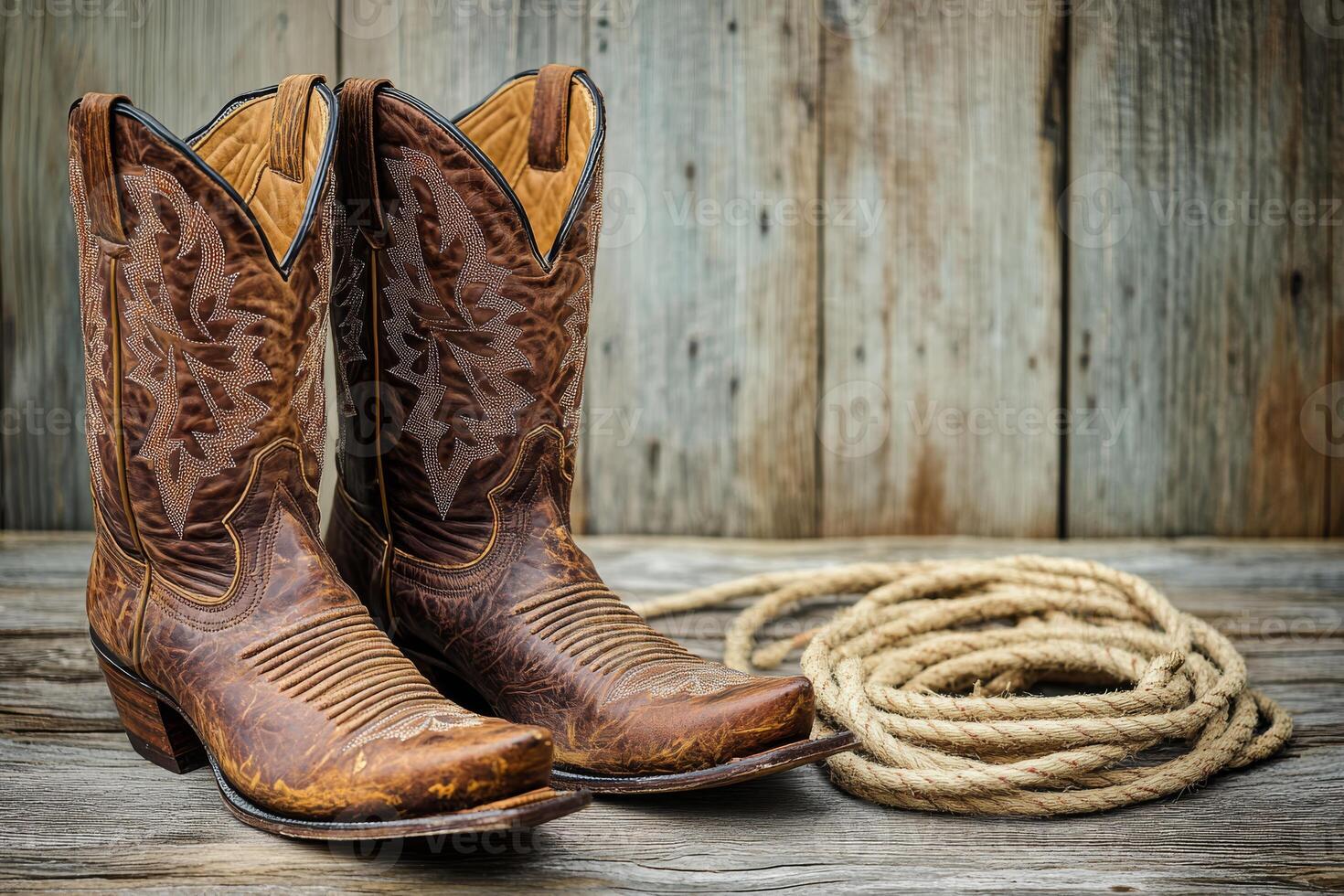 A stylish pair of fashionable cowboy boots rests next to a coiled lasso on an inviting rustic wooden surface, beautifully embodying the enduring spirit of Western culture and lifestyle traditions photo