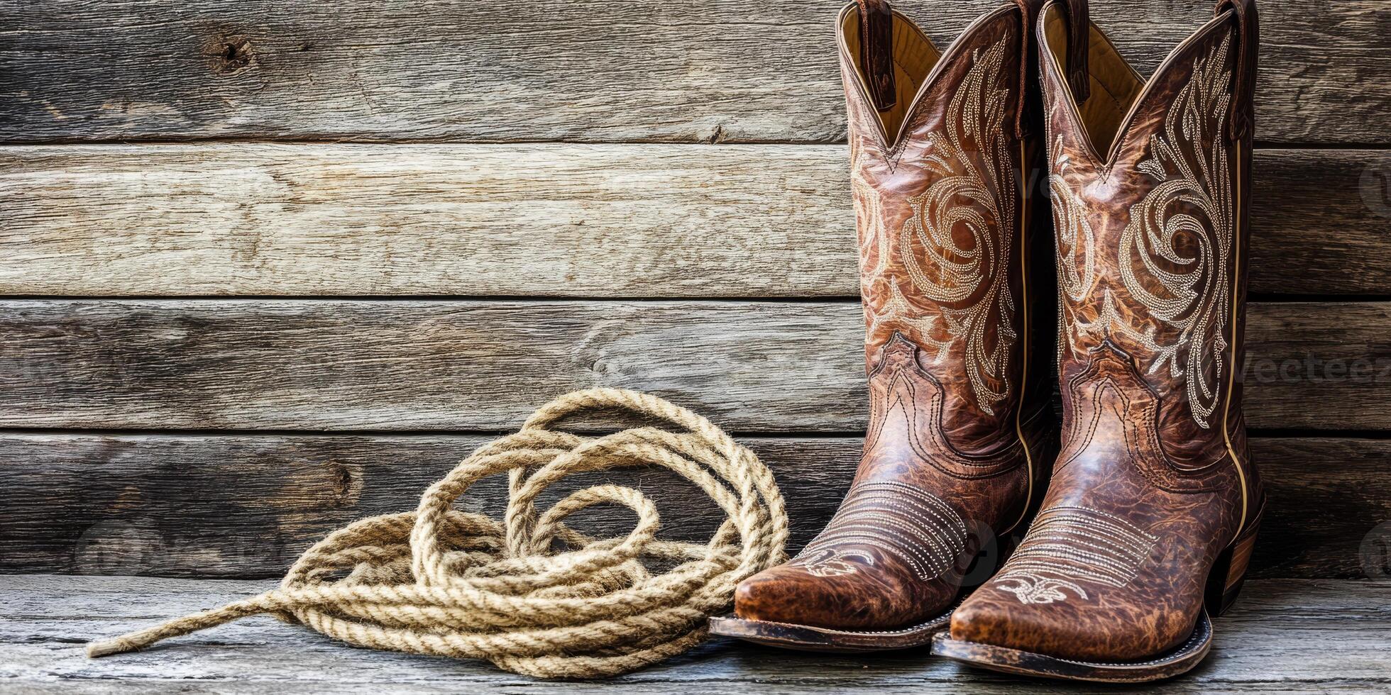 A beautifully crafted pair of intricately designed cowboy boots rests beside a coiled rope on aged wooden planks, perfectly showcasing the rich heritage and timeless style of Western culture photo