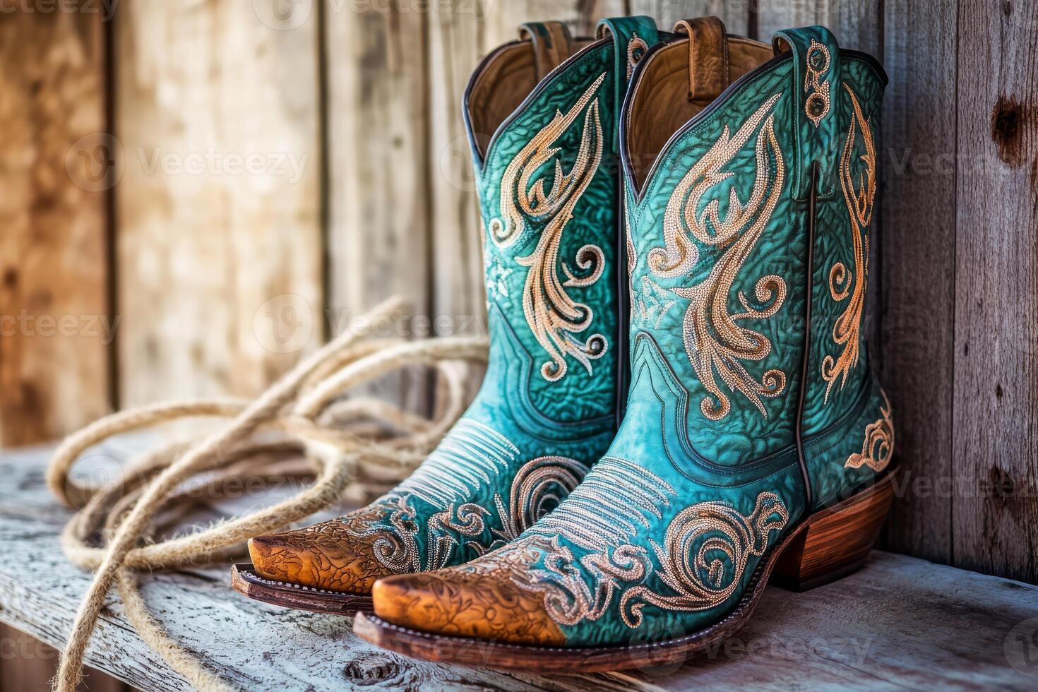 These eyecatching cowboy boots are beautifully designed with a stunning turquoise and gold pattern that makes them perfect for adding a stylish western flair to any outfit you choose to wear photo