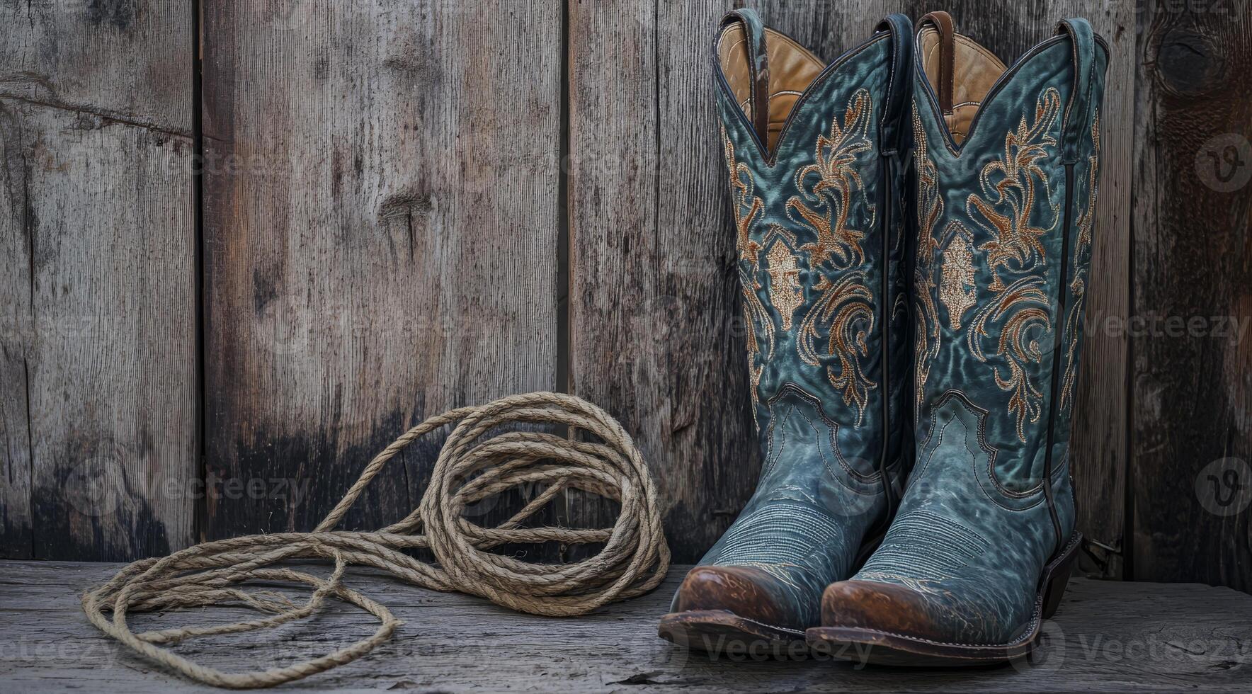 A pair of intricately designed cowboy boots and a classic lasso, set against a rustic backdrop, showcasing the essence of western culture and masterful craftsmanship in this timeless art form photo