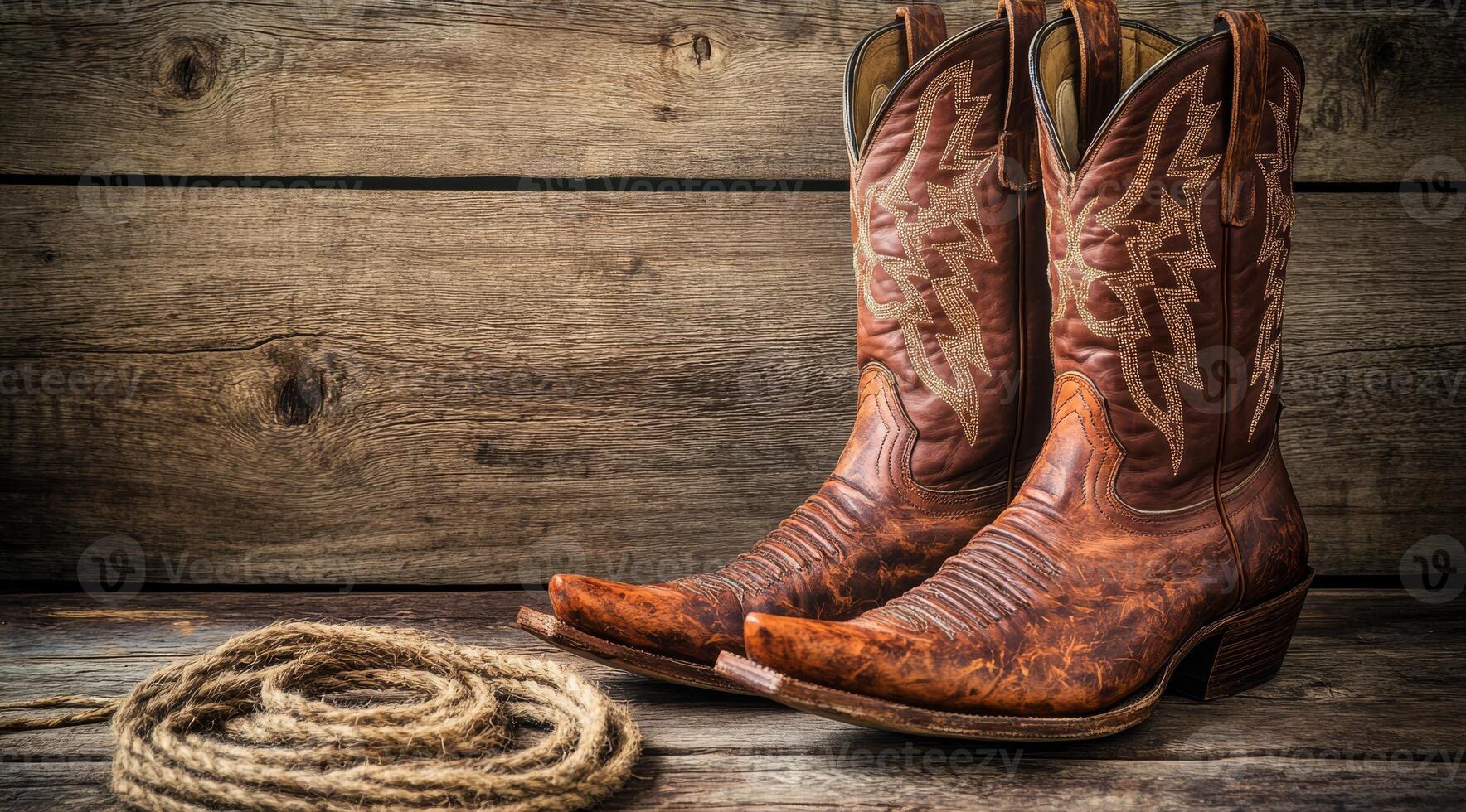 A striking pair of cowboy boots is displayed beside a coiled rope against a rustic wooden backdrop, highlighting the classic Western style and timeless craftsmanship of this footwear photo
