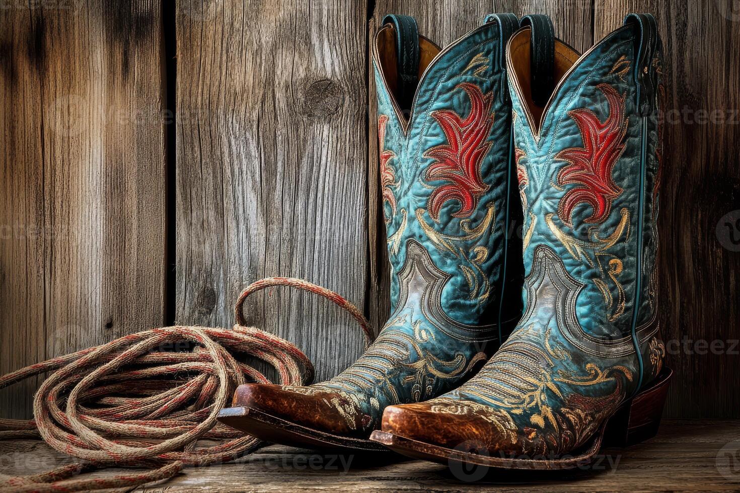 Stylish cowboy boots are designed with vibrant colors and intricate, detailed embroidery, and they are often paired with a classic rope. They are perfect for those who are true Western enthusiasts photo