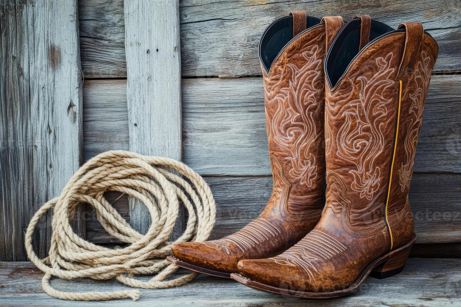 A cherished and weathered pair of cowboy boots rests beside a thick rope against a rustic wooden backdrop, perfectly embodying the everlasting essence of Western culture along with its unique style photo
