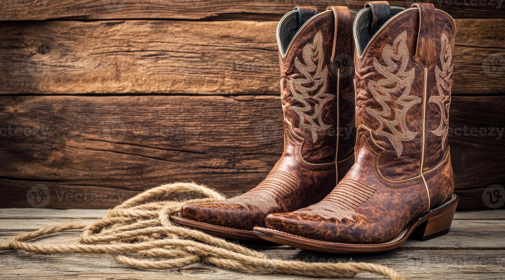 Discover a stunning collection of cowboy boots paired with a durable rope, elegantly resting on a rustic wooden surface that highlights their timeless vintage charm and aesthetic appeal photo