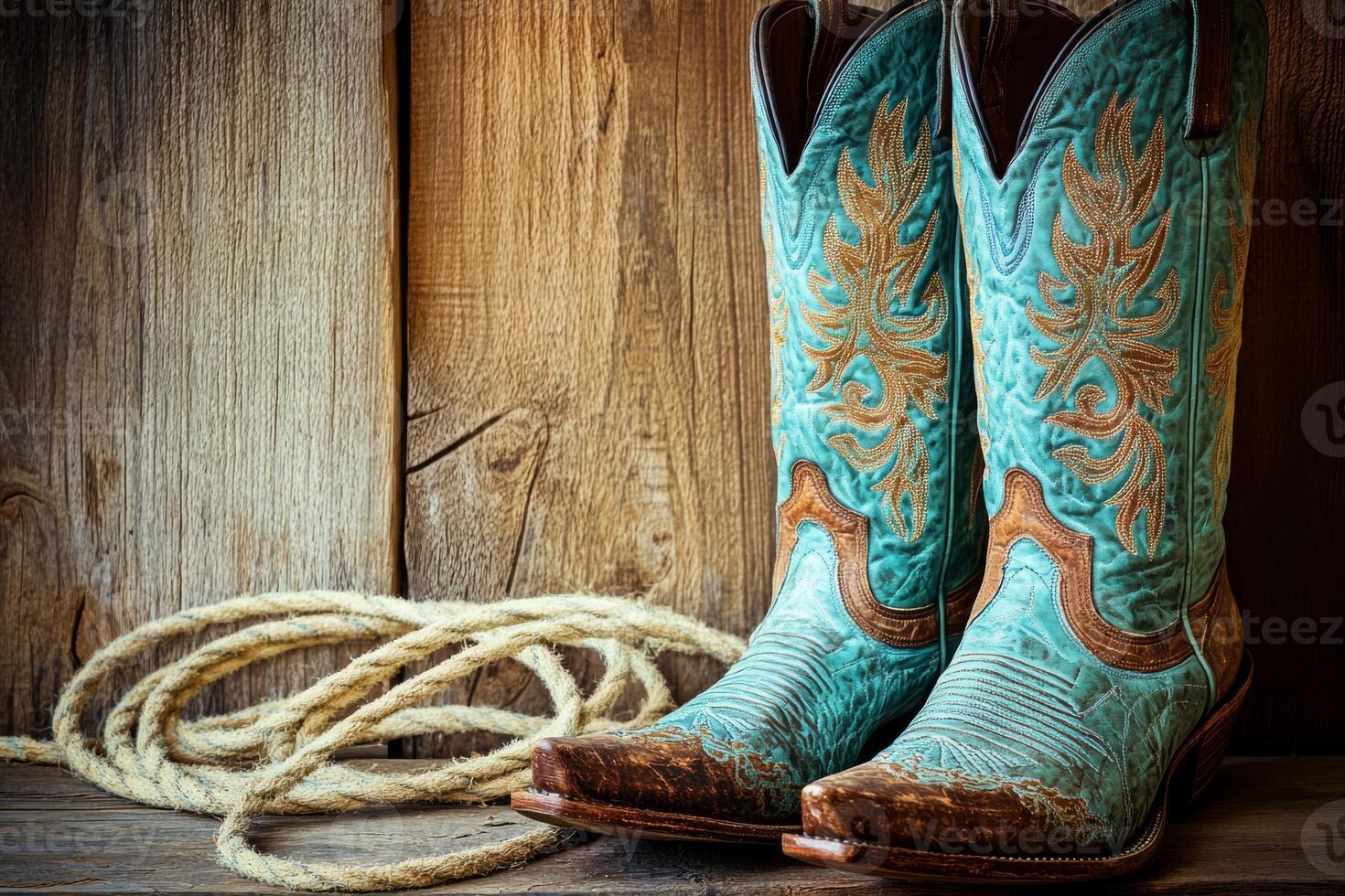 A striking pair of meticulously designed turquoise cowboy boots gracefully resting next to a coiled rope against a rustic wooden backdrop, perfectly embodying the essence of the Western spirit photo