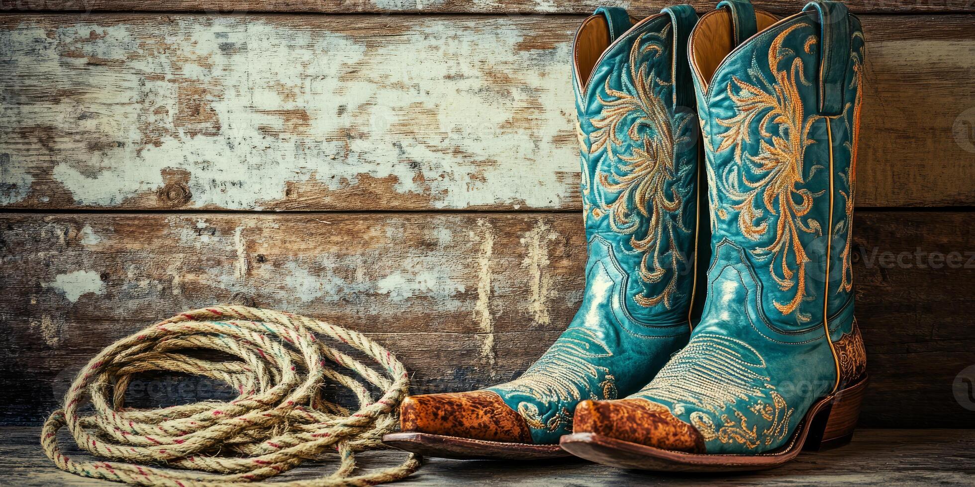 These stunning turquoise cowboy boots, paired with rustic rope on weathered wood, evoke a timeless western vibe, perfect for adventurous outings and casual gatherings with friends photo