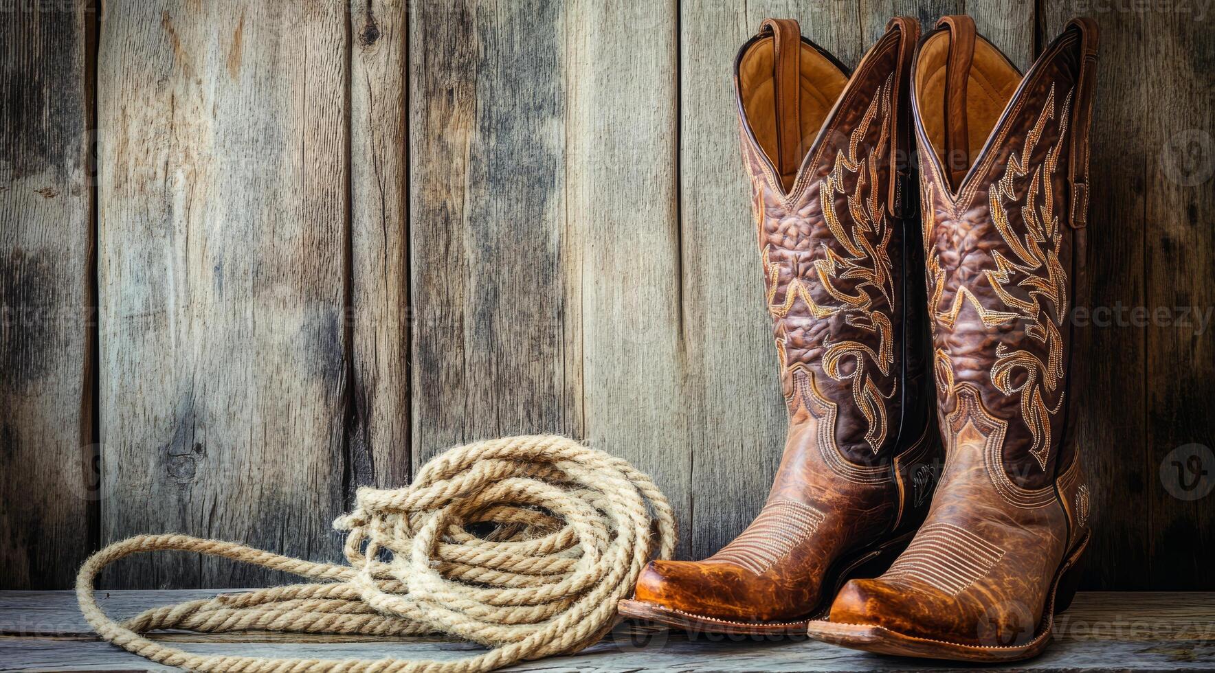 A pair of elegantly designed cowboy boots rests beside a coiled rope, set against a rustic wooden backdrop that captures the essence of Western style and evokes a sense of adventure photo