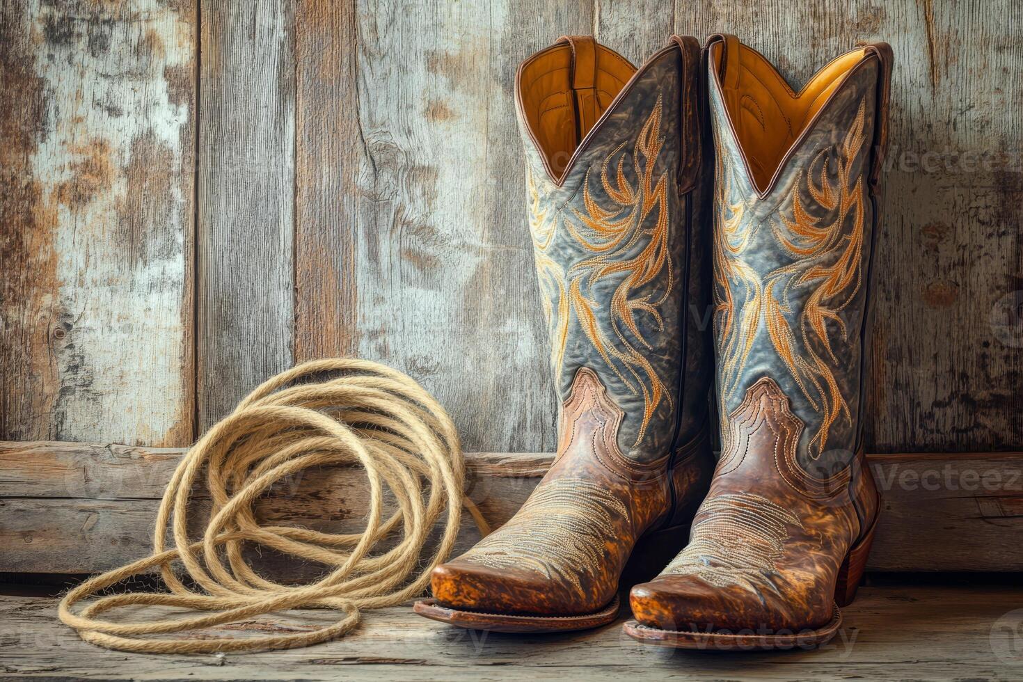 A pair of ornate cowboy boots sits alongside a coiled rope against a rustic wooden backdrop, embodying classic Western charm photo
