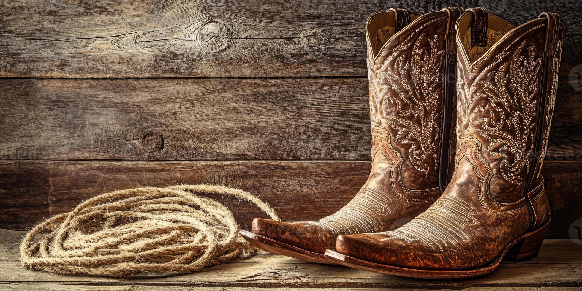 Discover the exquisite elegance of these intricately crafted cowboy boots, beautifully complemented by a classic rope, all set against a charming rustic wooden backdrop for a perfect aesthetic photo