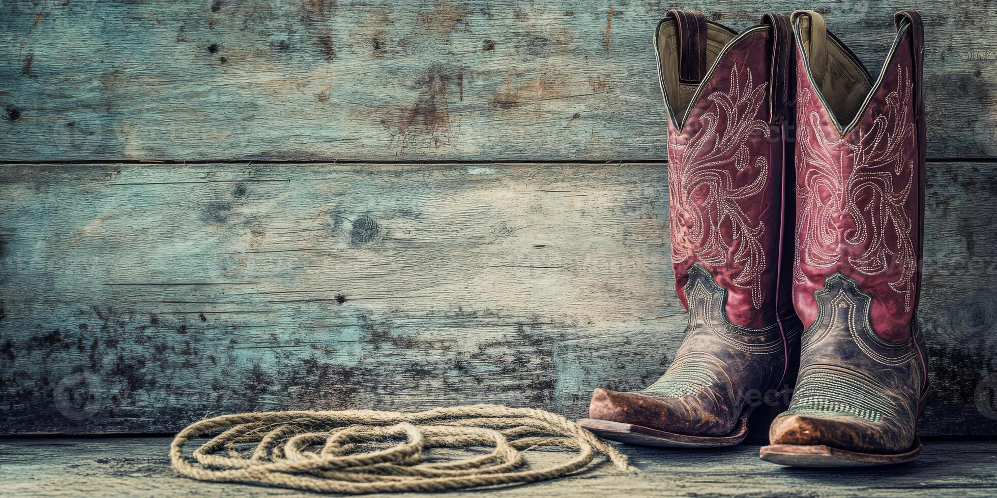 These vibrant cowboy boots, adorned with a coiled rope, stand out against weathered wood, embodying the essence of Western culture, its rustic charm, and timeless appeal, symbolizing adventure photo