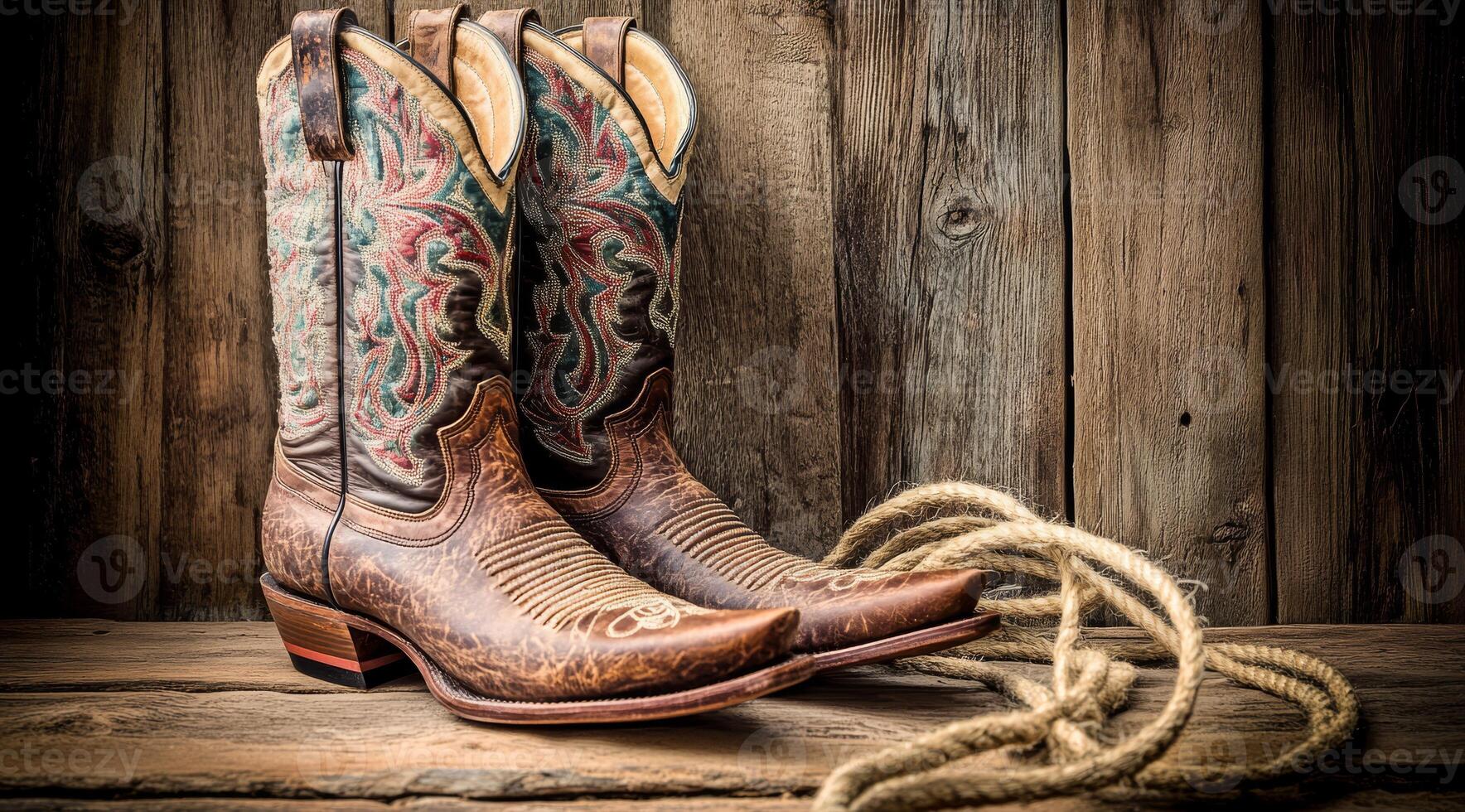 These classic cowboy boots come with intricate and detailed designs, which are elegantly complemented by a robust roping rope, beautifully displayed against a charming rustic wooden backdrop photo