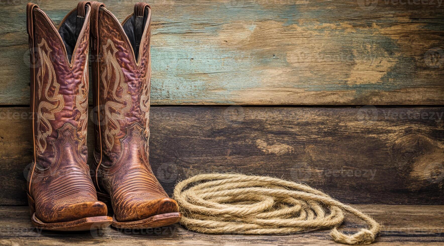 Gorgeous cowboy boots with intricate designs are showcased with a coiled rope against a rustic wooden backdrop, highlighting the rugged charm and enduring tradition of the American West photo
