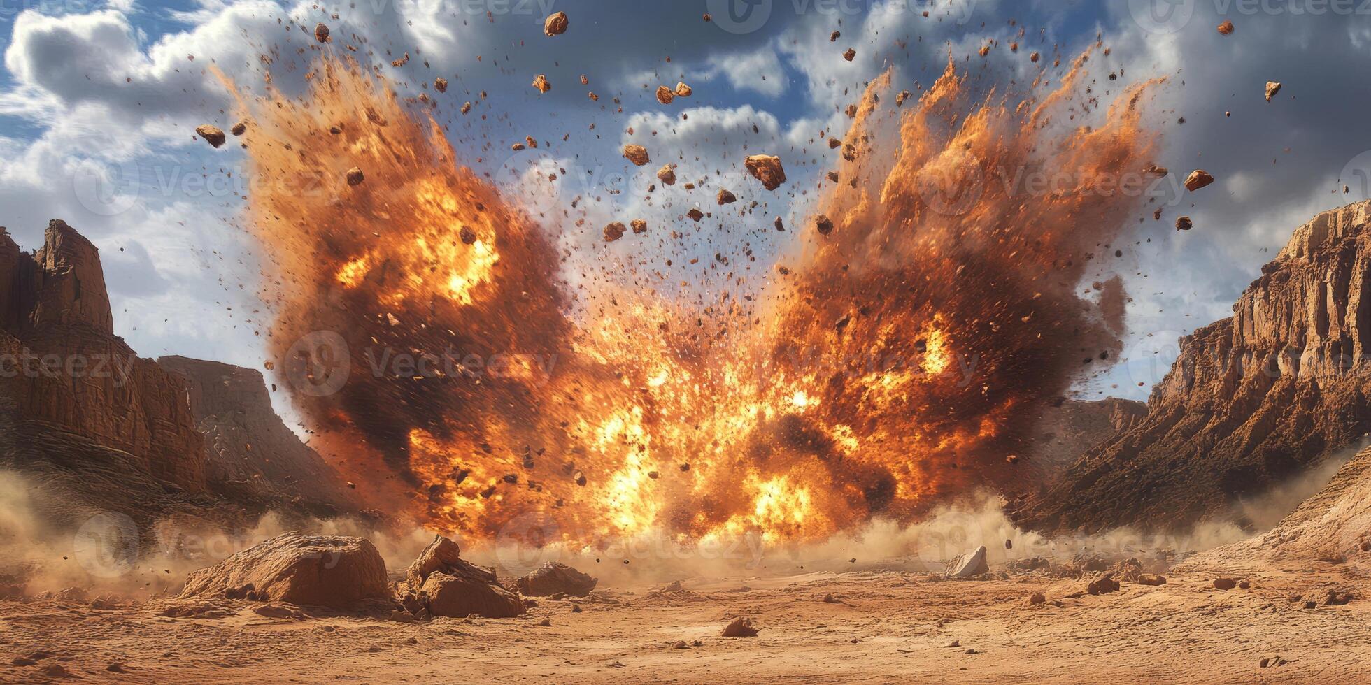 A dramatic explosion in a vast desert landscape displays fiery debris against a vibrant, colorful sky photo