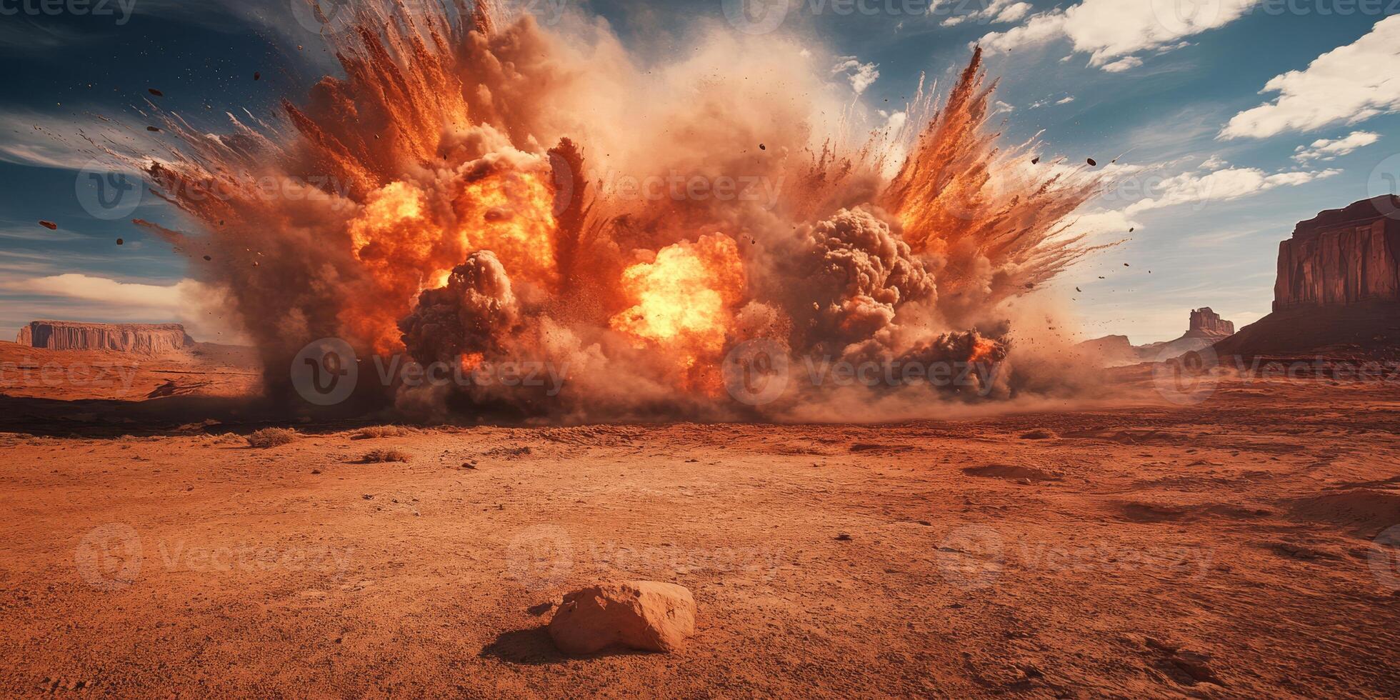 A dramatic explosion occurs, sending powerful shockwaves throughout the vast expanse of a striking desert landscape photo