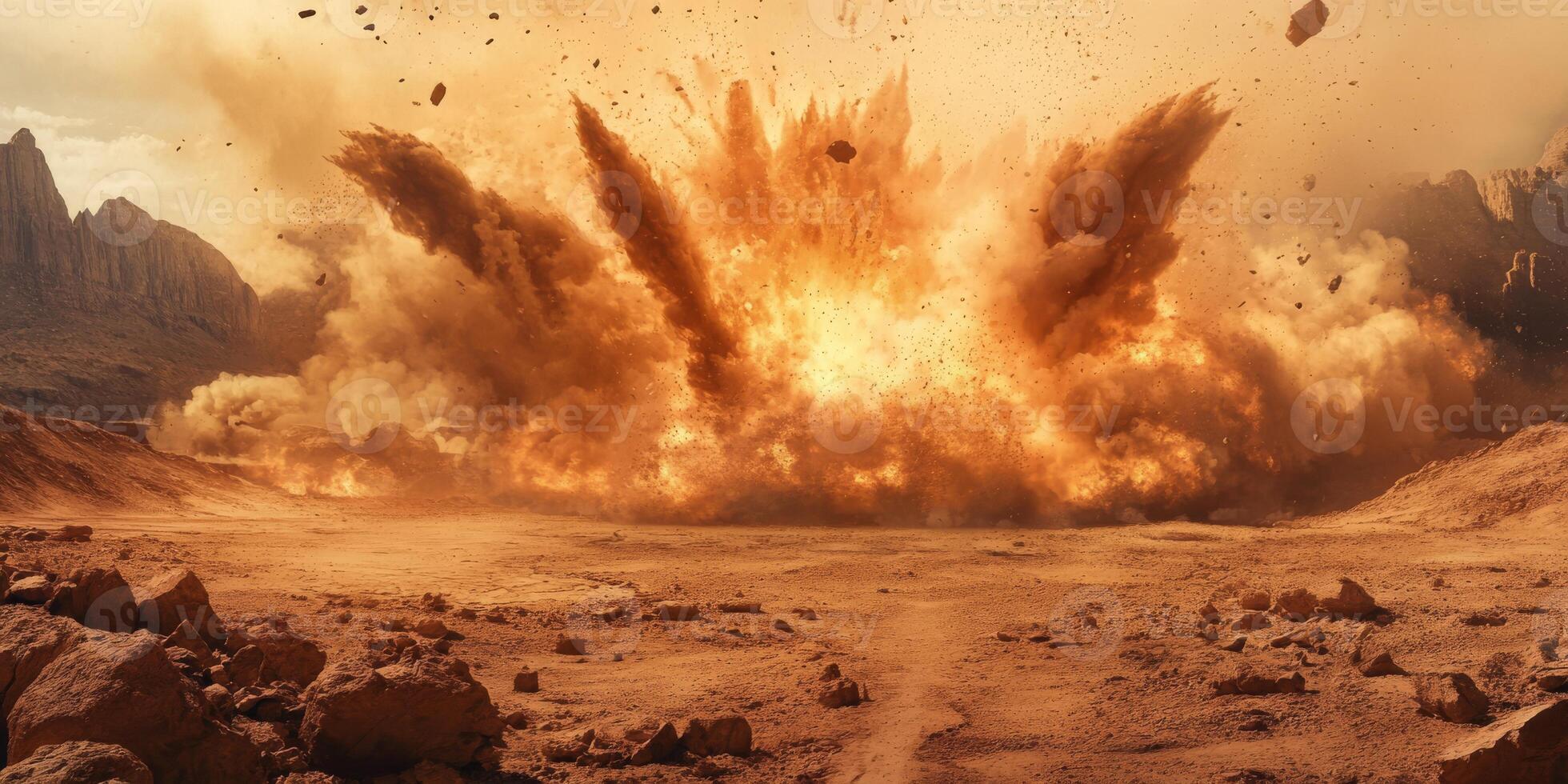 A truly dramatic and powerful explosion creates a vivid and colorful spectacle in a desolate barren desert environment photo