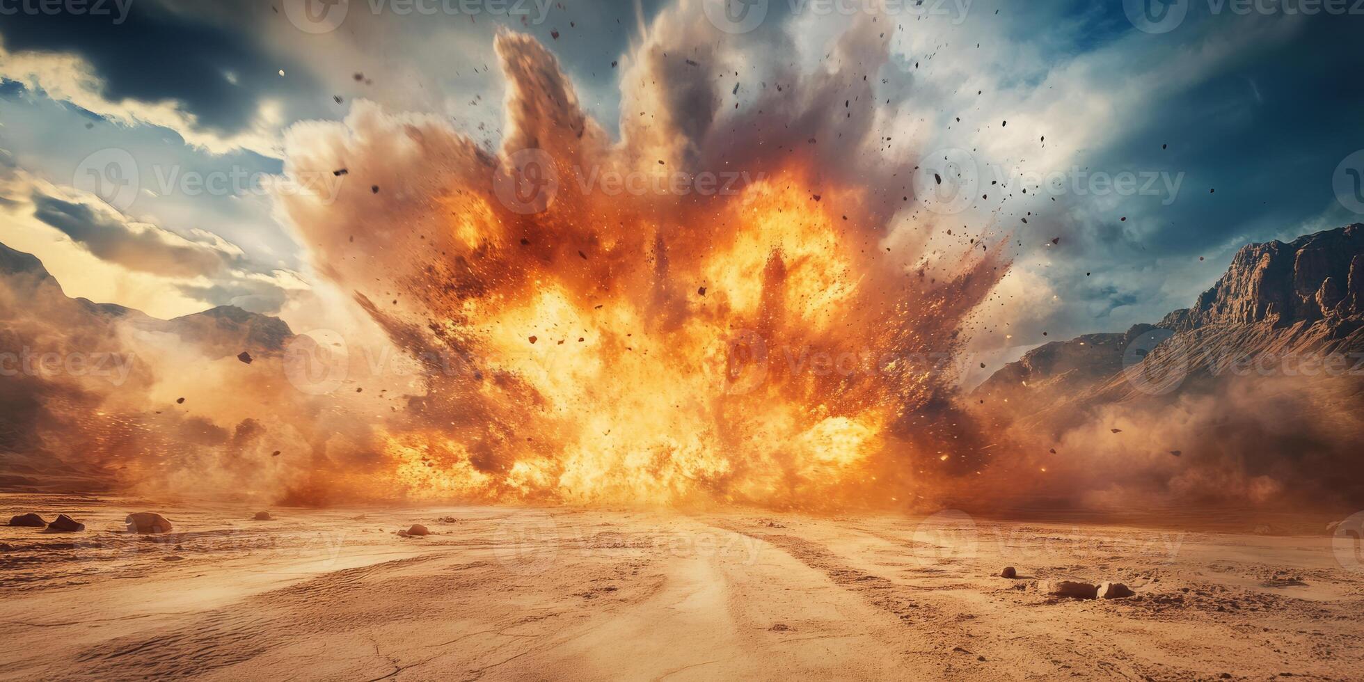 A stunning explosion scene vividly illuminating a vast desert landscape beneath dramatic and turbulent skies photo