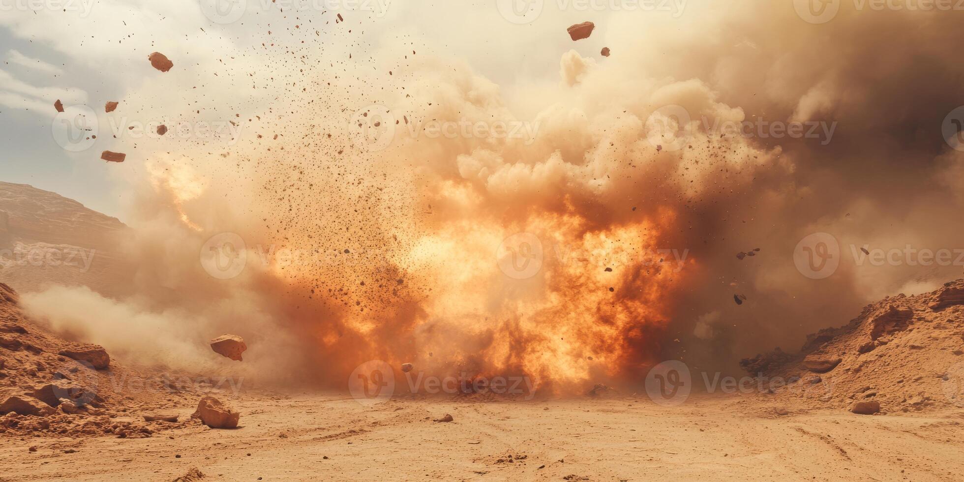 A dramatic and powerful explosion erupted, sending massive debris flying into the air in an arid desert landscape photo