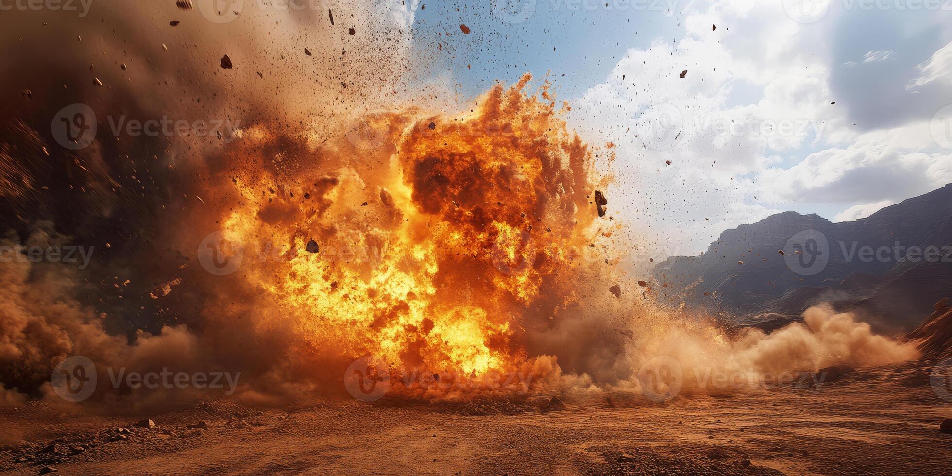 A powerful explosion occurs, sending massive debris and swirling dust high into the sky above a barren landscape photo
