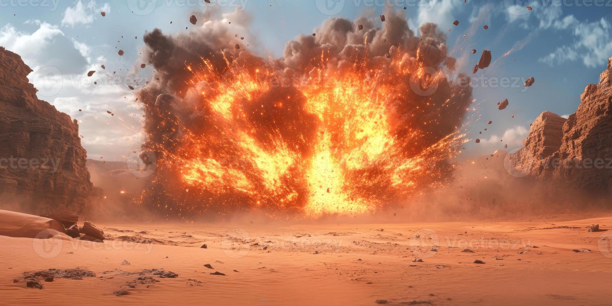 A powerful and catastrophic explosion creates a massive, fiery fireball in a desolate, barren desert environment photo