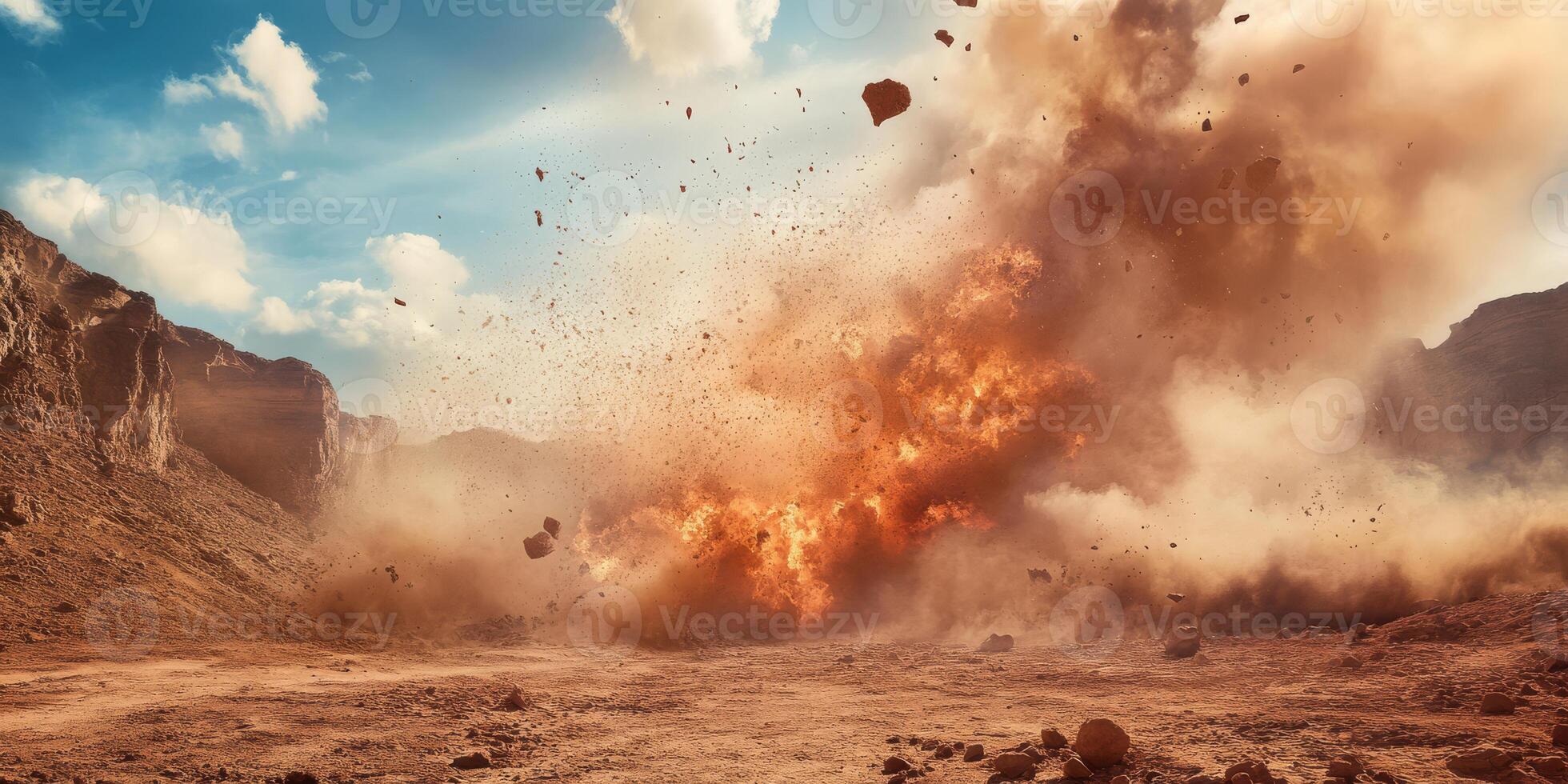 A powerful and intense explosion suddenly creates a massive cloud of dust and debris in a rugged desert landscape photo