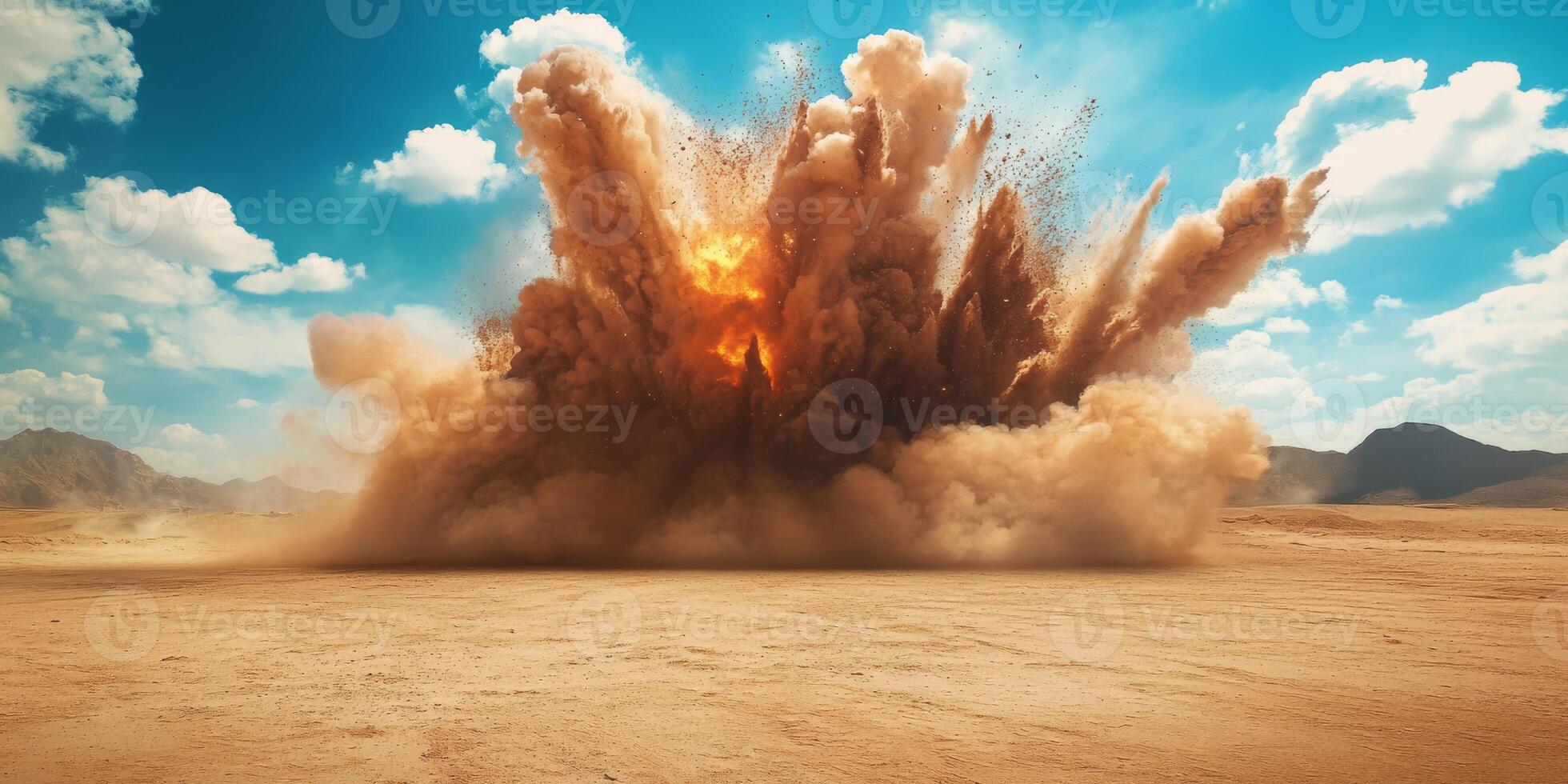 A powerful and massive explosion sending debris high into the sky against a clear blue background thats beautiful photo