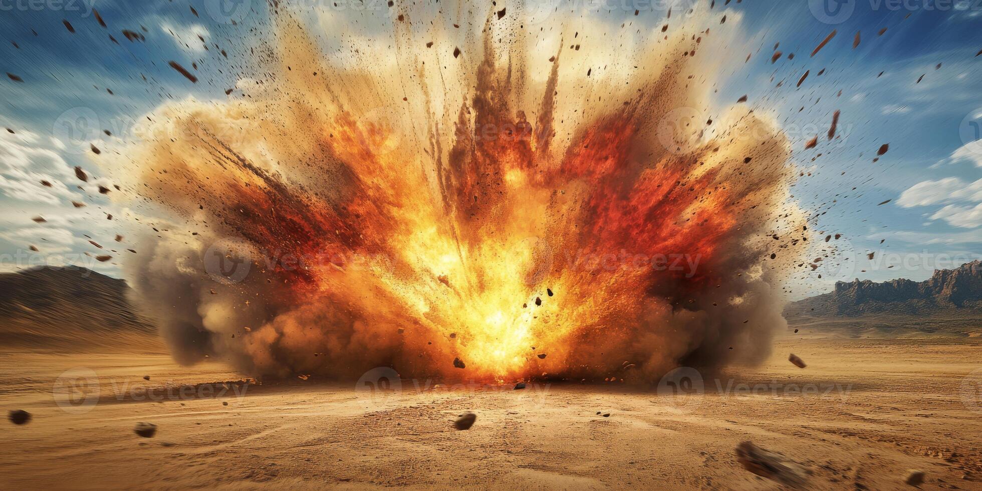 In an expansive desert, a powerful explosion erupted, sending flames and debris flying in all directions photo