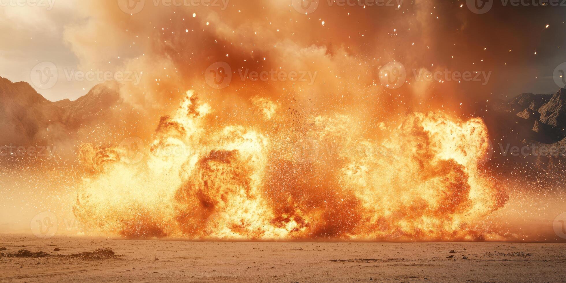 A massive explosion erupts in a barren desert, showcasing intense fiery effects throughout the area photo