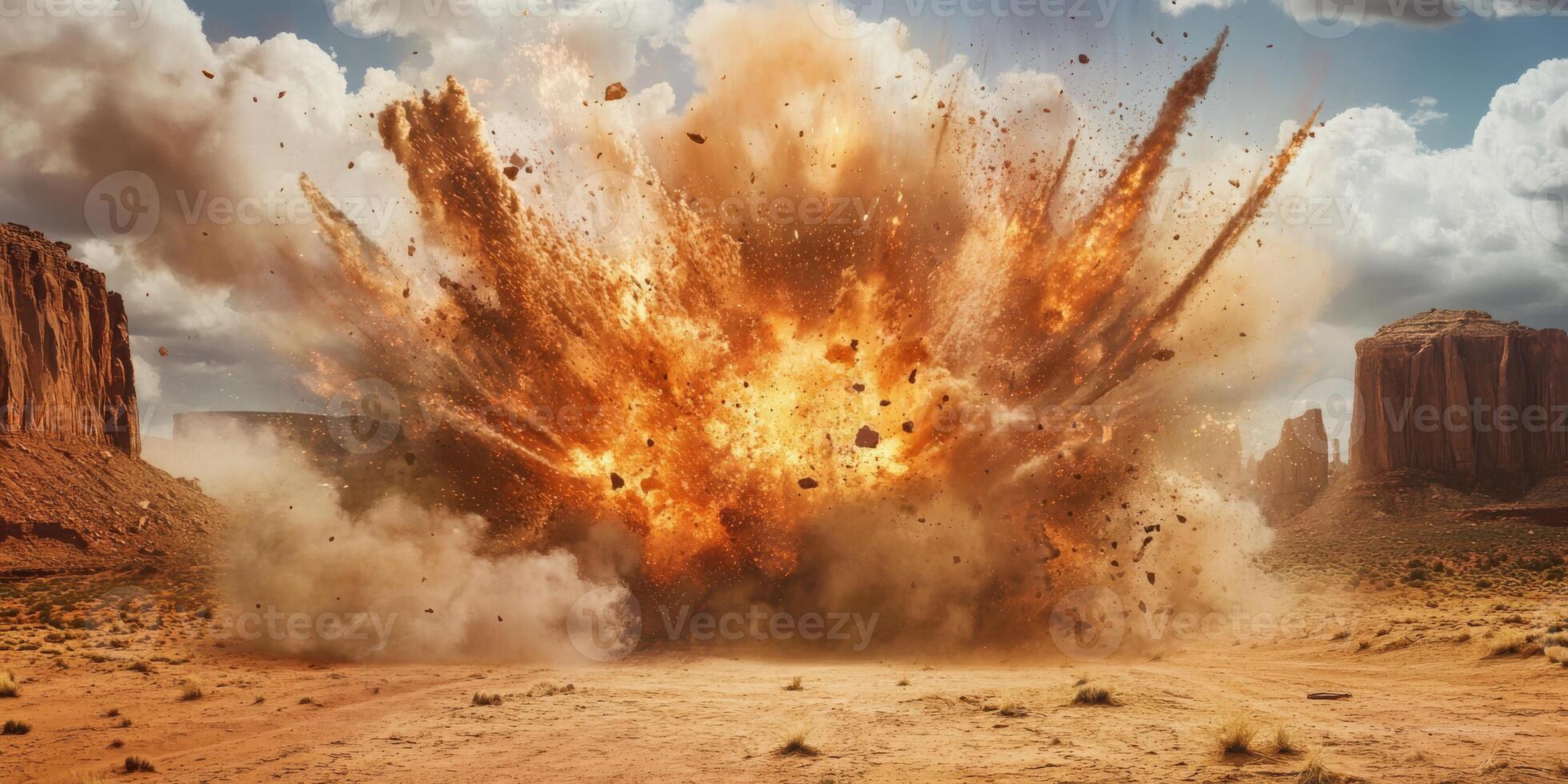 A massive explosion erupts violently in a vast desert, showcasing swirling clouds and flying debris photo