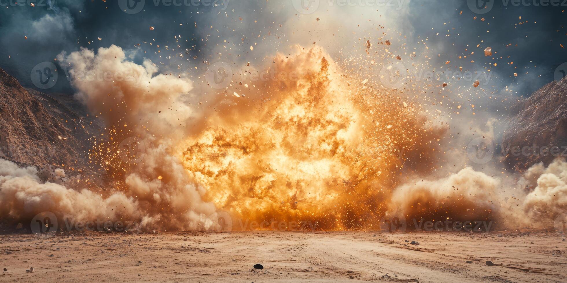 A stunning explosion erupts with huge dust clouds and debris, showcasing immense power in an arid environment photo