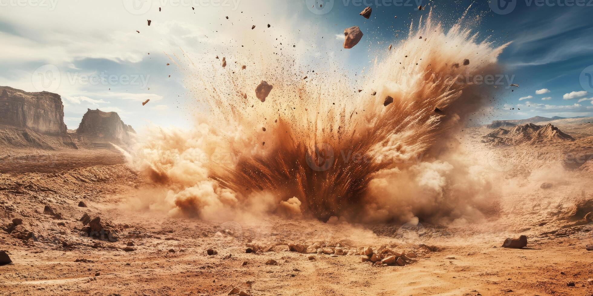 A strong explosion creates a huge cloud of dust and debris spreading across a barren desert environment photo