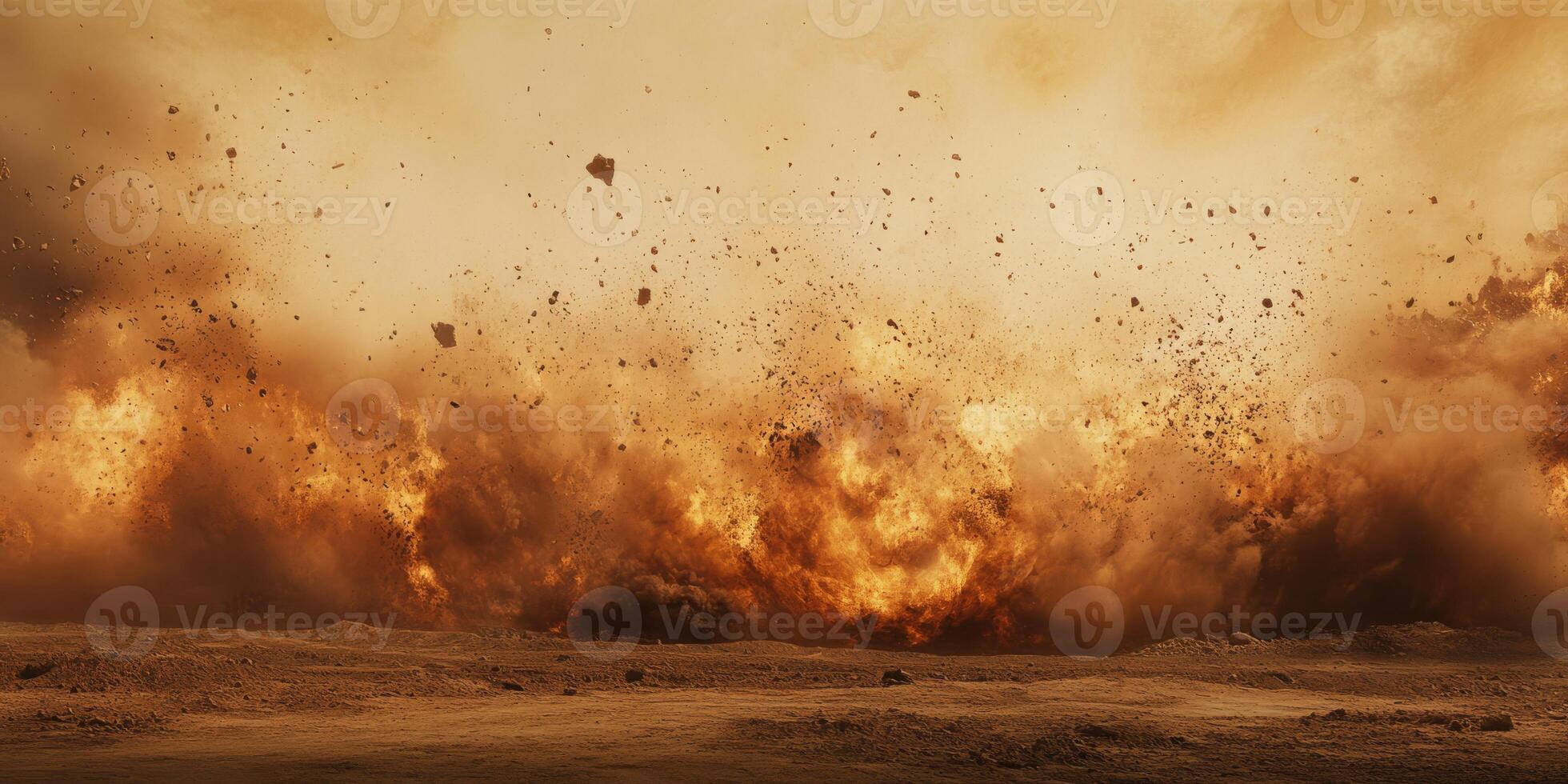 A dramatic and powerful explosion showcases a stunning display of fiery debris and intense dust in a barren environment photo