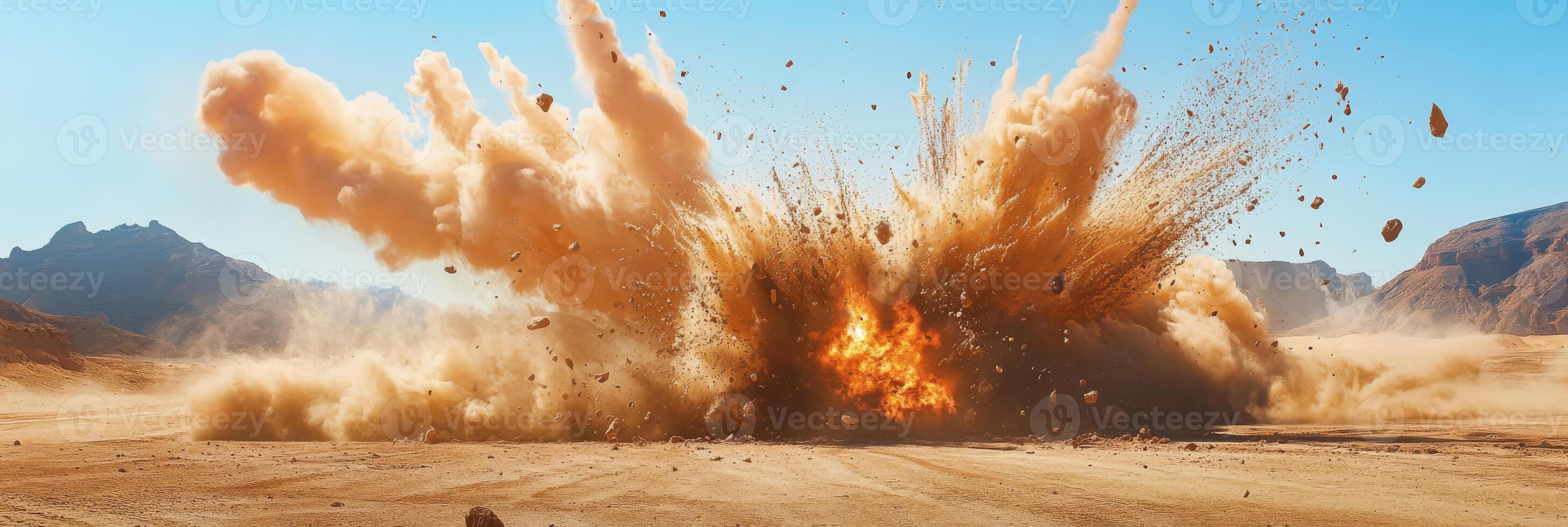 A breathtaking explosion erupts, sending large debris soaring high into the clear blue sky above the dry arid terrain photo