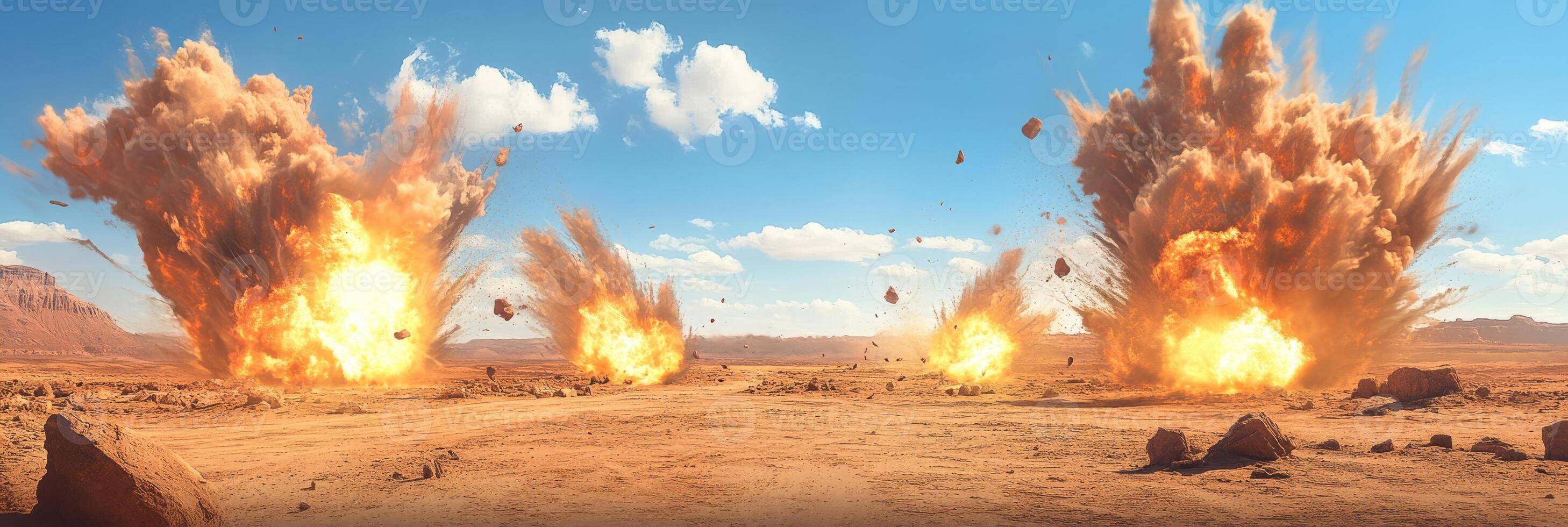 Powerful explosions dynamically erupt in a vast desert, showcasing intense action and striking visual effects photo