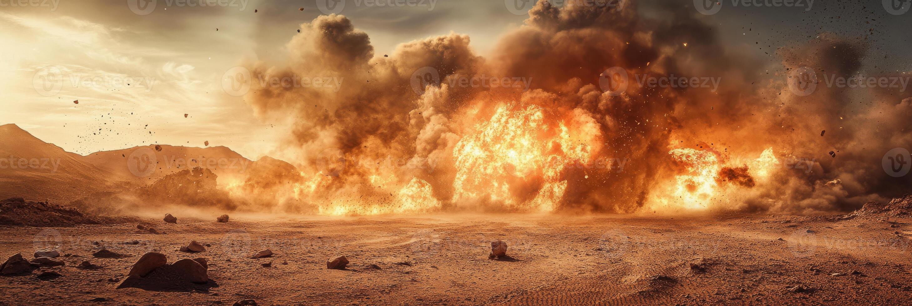 A powerful explosion creates a dramatic scene in a barren desert landscape, showcasing intense energy. photo