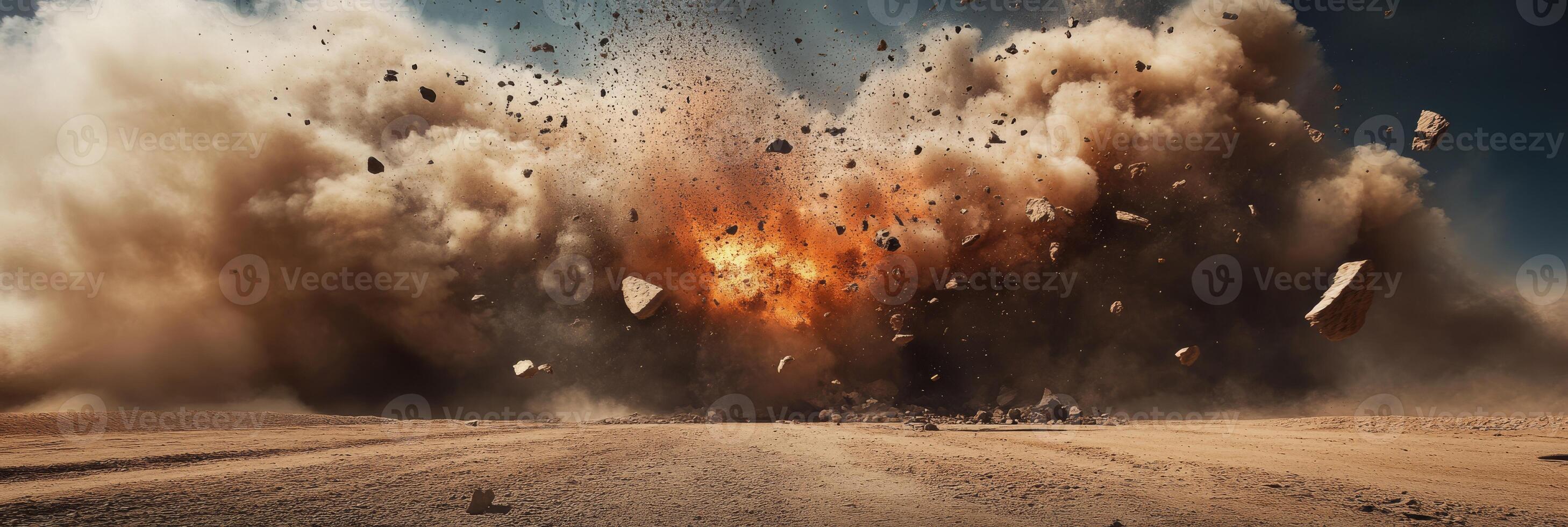 A stunning and powerful explosion kicks up clouds of dust and flying debris in an expansive desert landscape photo