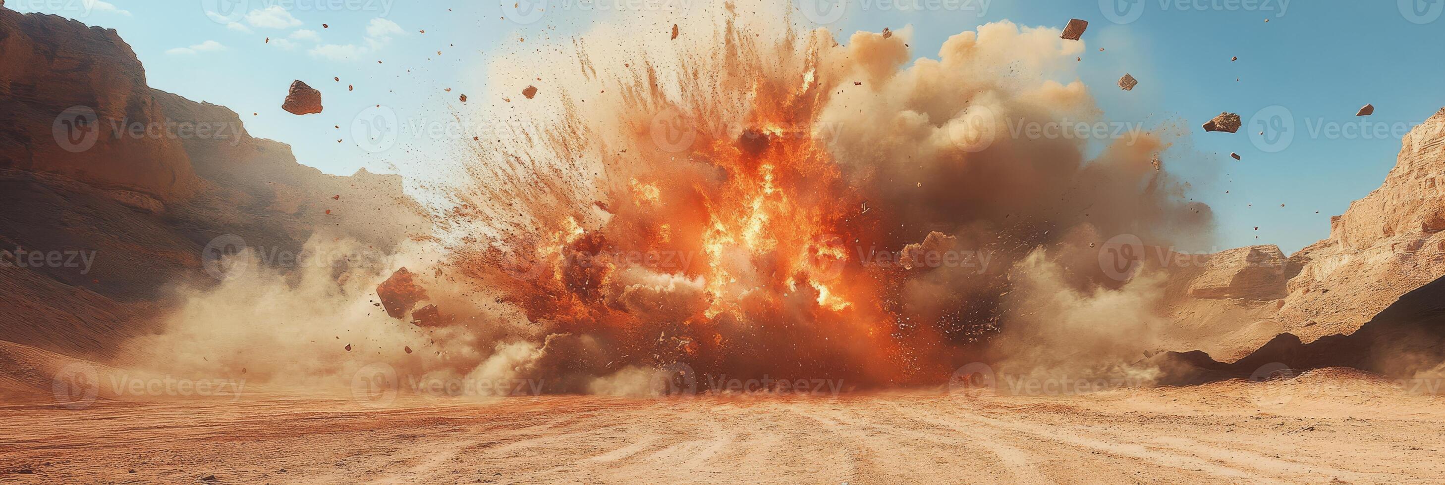 A powerful explosion takes place in a vast desert landscape, engulfed by rugged terrain and swirling dust clouds photo