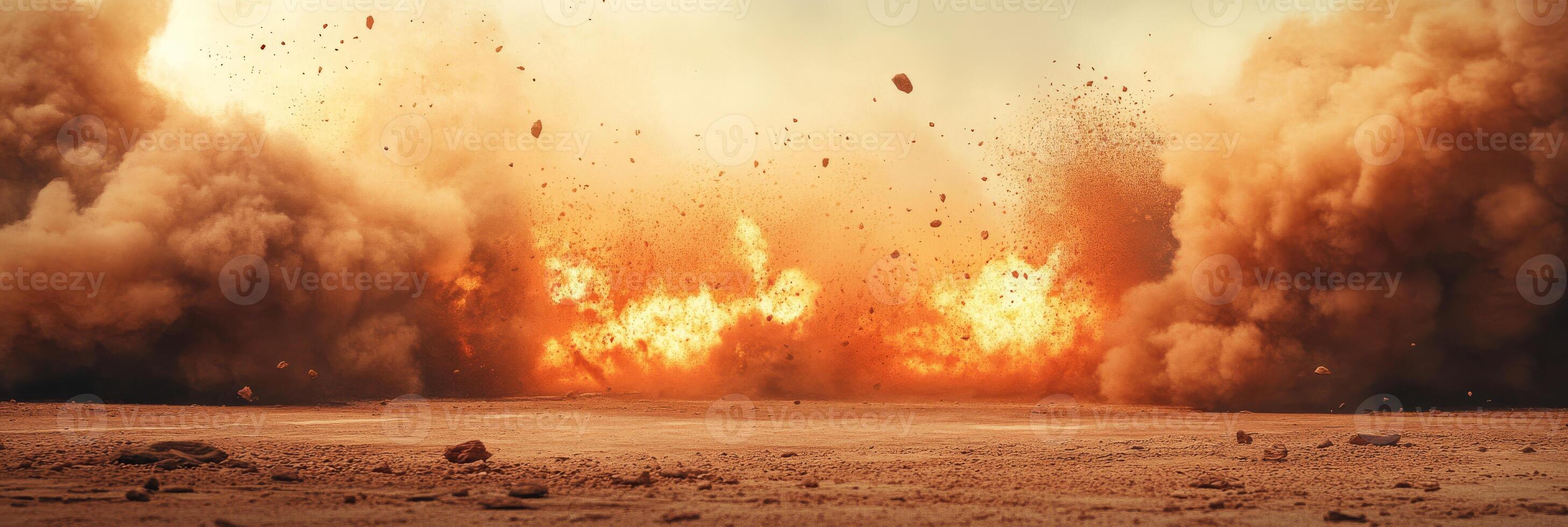 A dramatic and powerful explosion violently kicks up debris and thick billowing smoke in a dry, arid landscape photo
