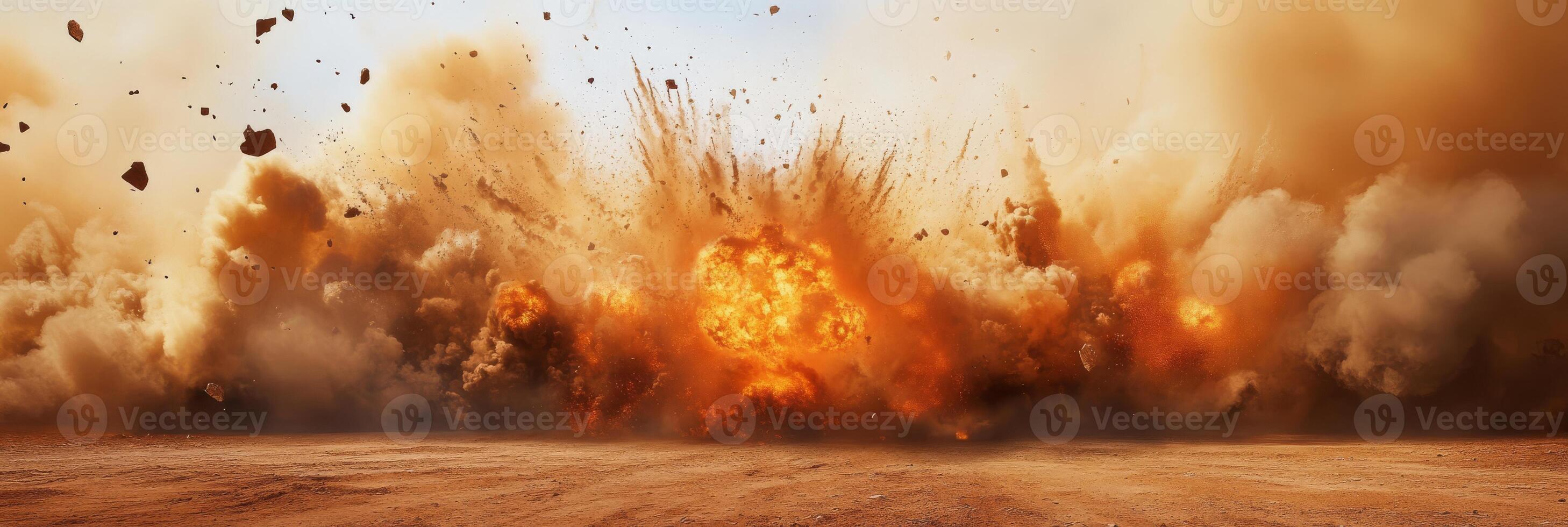 An impressive and powerful explosion occurs, sending debris and thick smoke rising high into a barren landscape photo