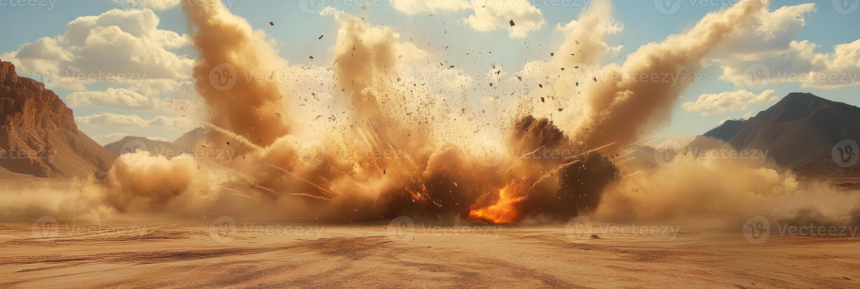 A dramatic explosion erupts in a vast desert, sending dust and debris soaring into the air above the landscape photo
