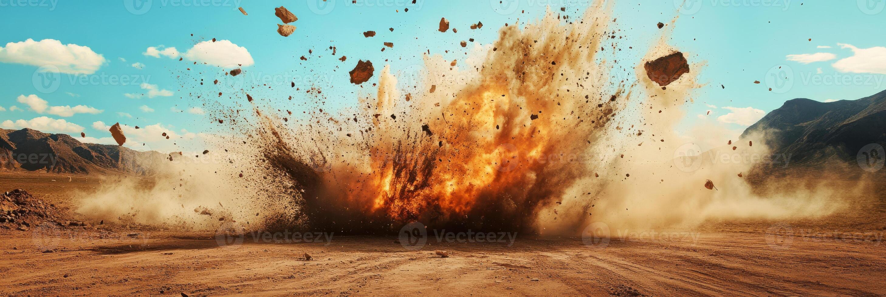 A striking and vivid image of a powerful explosion creating vast clouds of dust and debris in an arid desert landscape photo